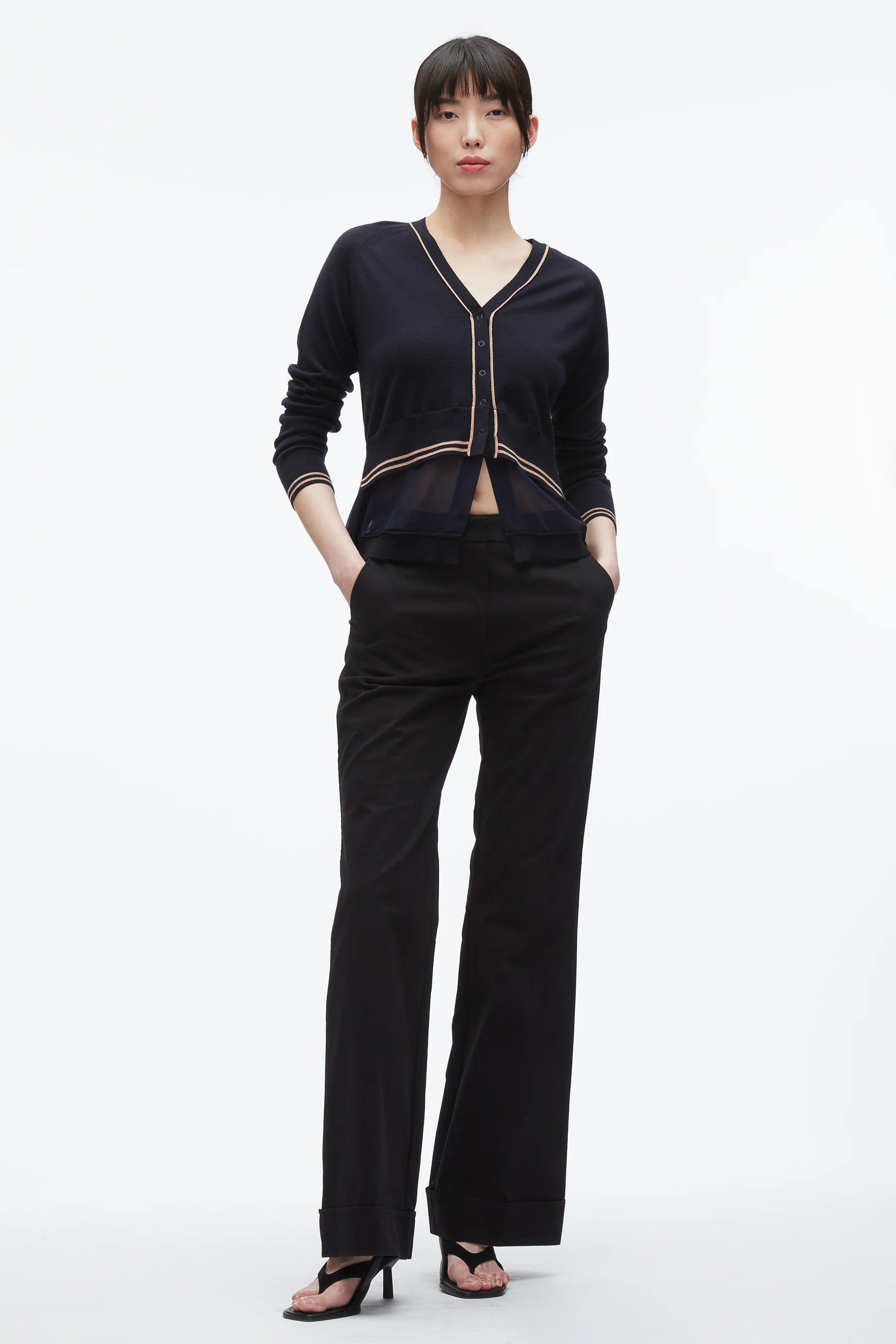 3.1 Phillip Lim Long Sleeve Boxy Cardigan with Chiffon Combo