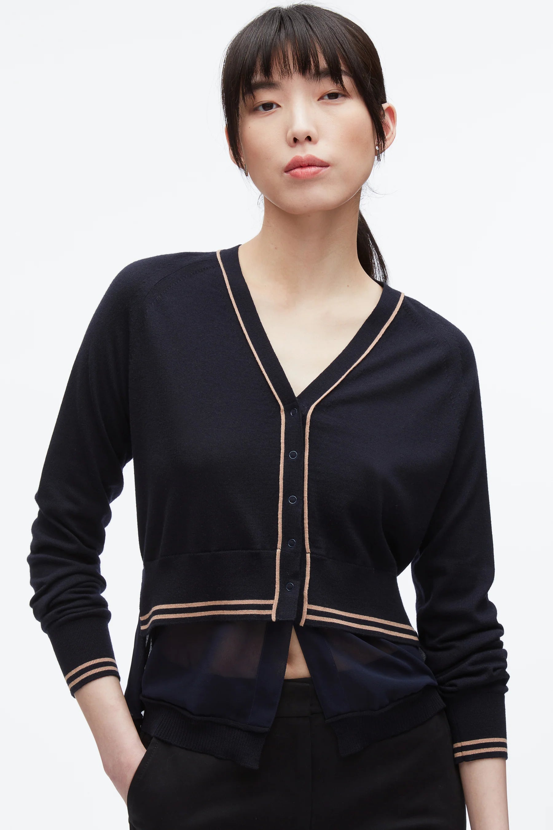 3.1 Phillip Lim Cárdigan cuadrado de manga larga con combinación de gasa