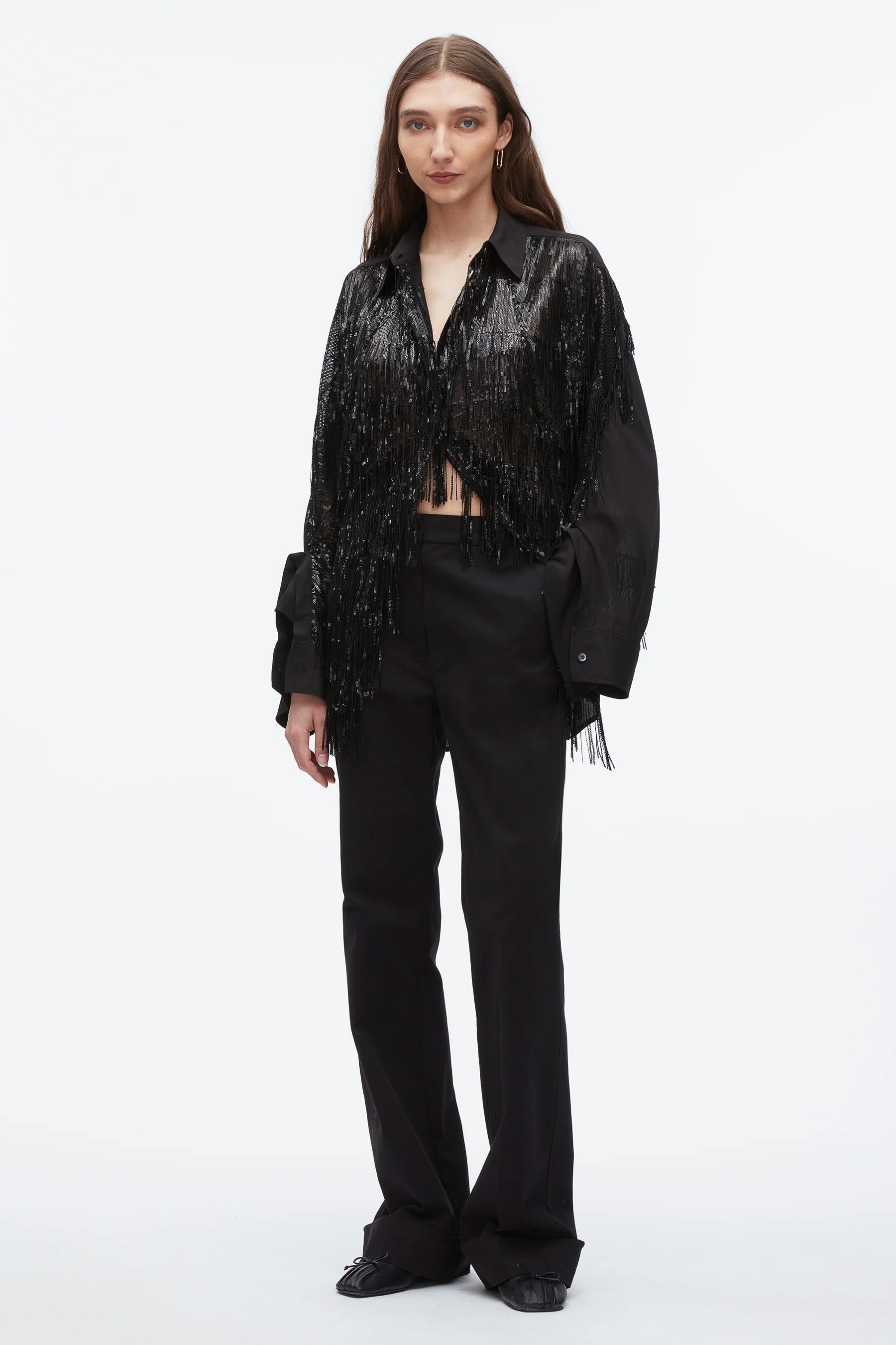 3.1 Phillip Lim Sequin Fringe Oversize Shirt with Cascade Drape Sleeves