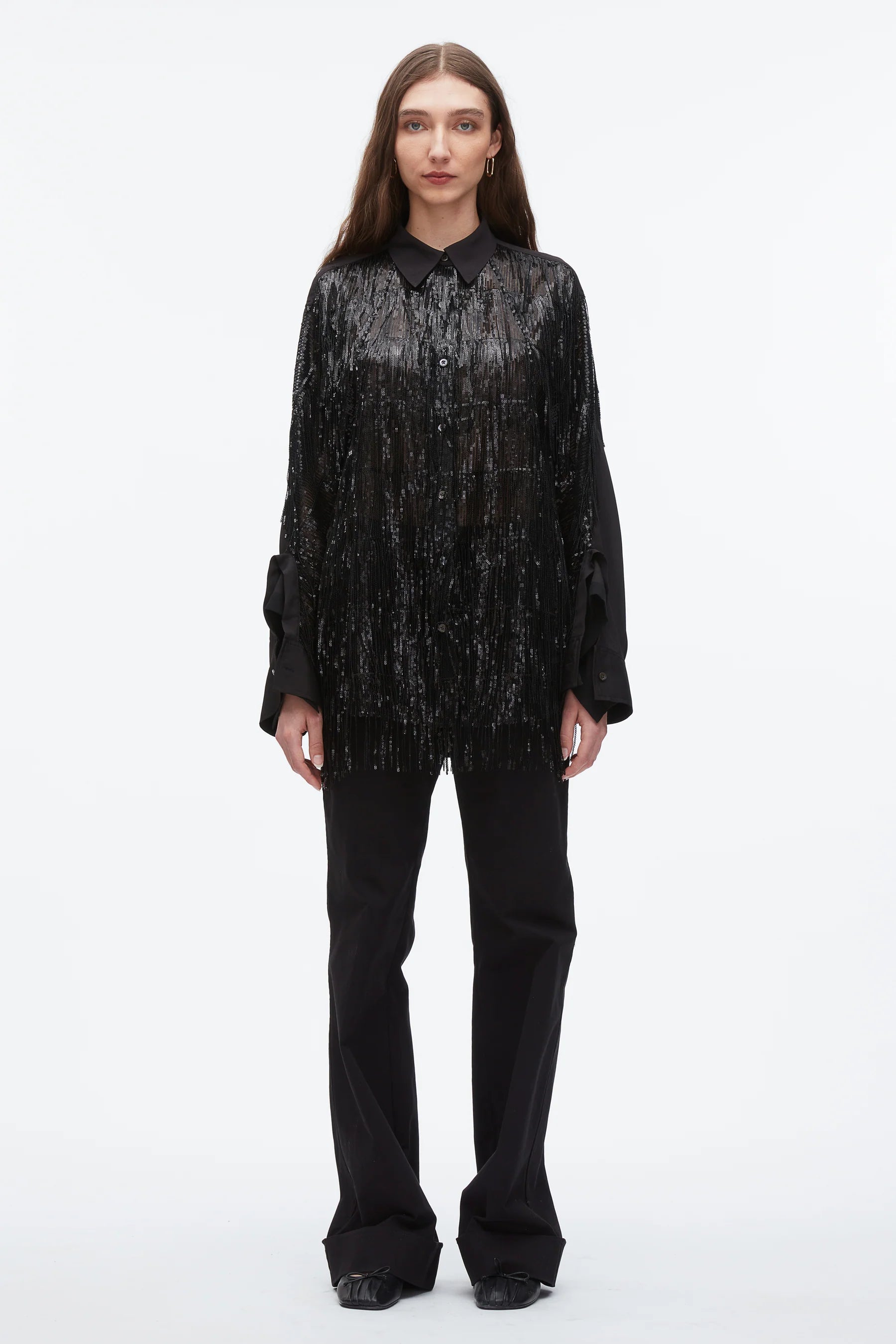 3.1 Phillip Lim Sequin Fringe Oversize Shirt with Cascade Drape Sleeves