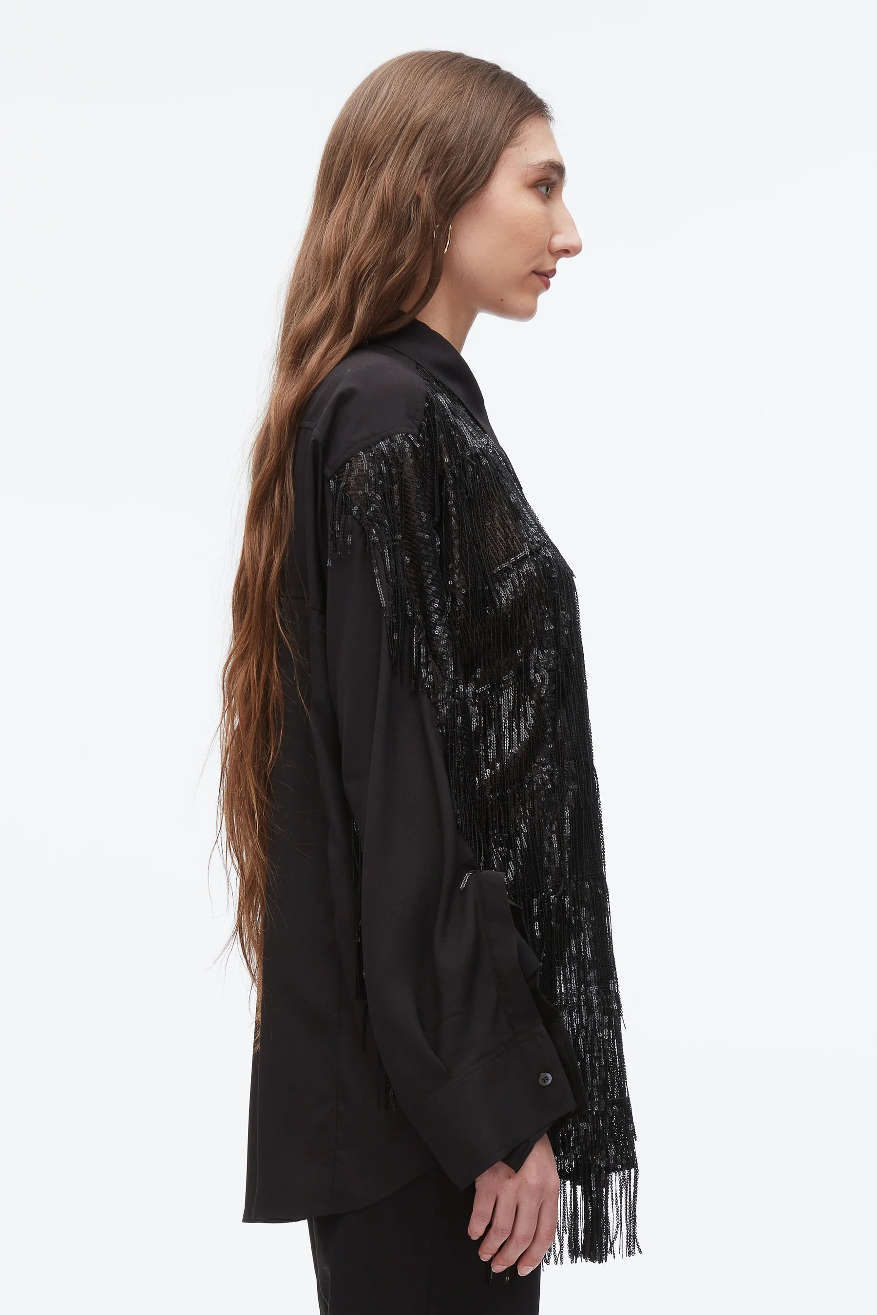 3.1 Phillip Lim - Camisa oversize con flecos de lentejuelas y mangas drapeadas en cascada