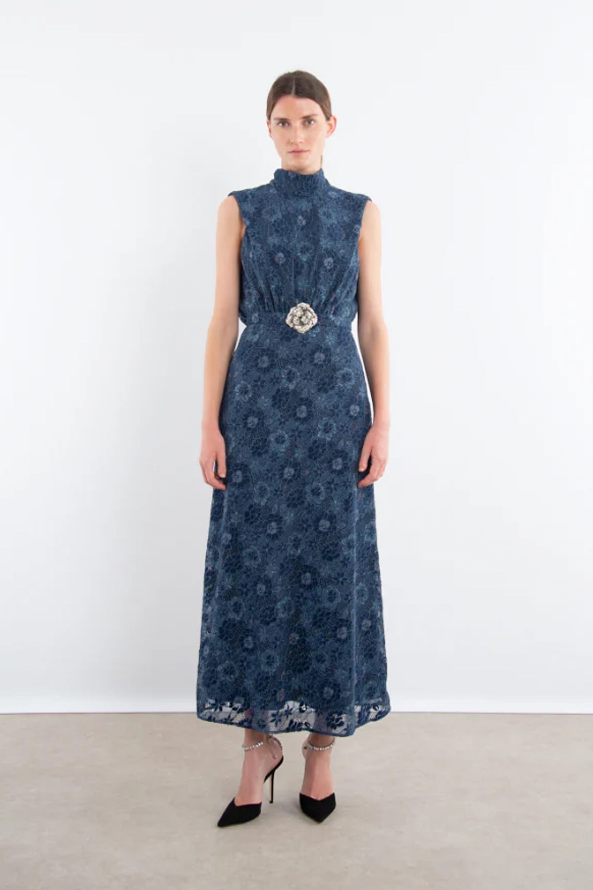 Saloni Fleur Velvet Lace Belted Maxi Dress Canada USA