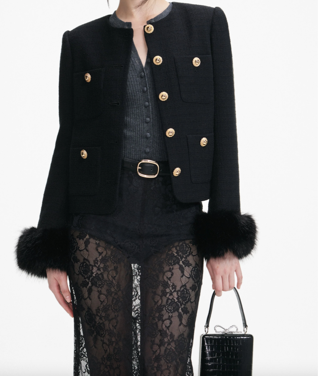 Chaqueta con puños de piel de bouclé negra de autorretrato