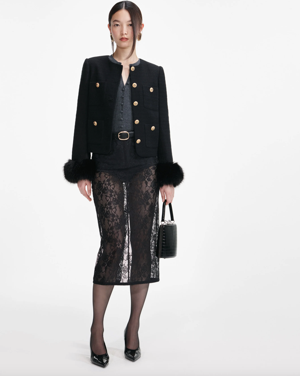 Self-Portrait Black Boucle Fur Cuff Jacket
