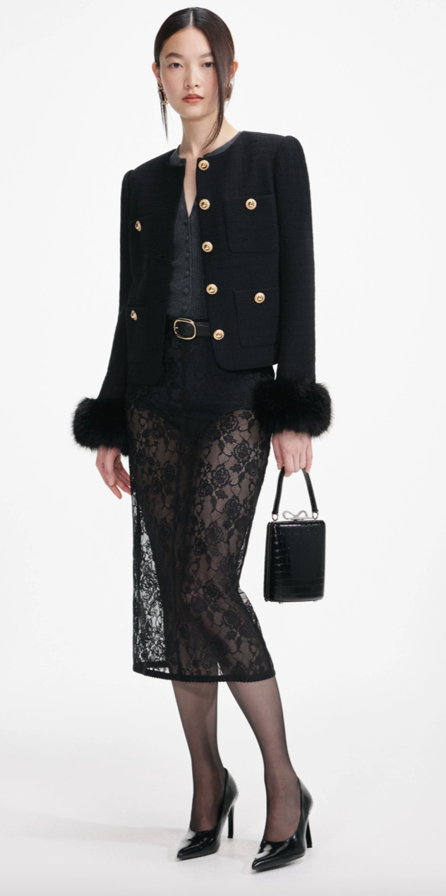 Self-Portrait Black Boucle Fur Cuff Jacket