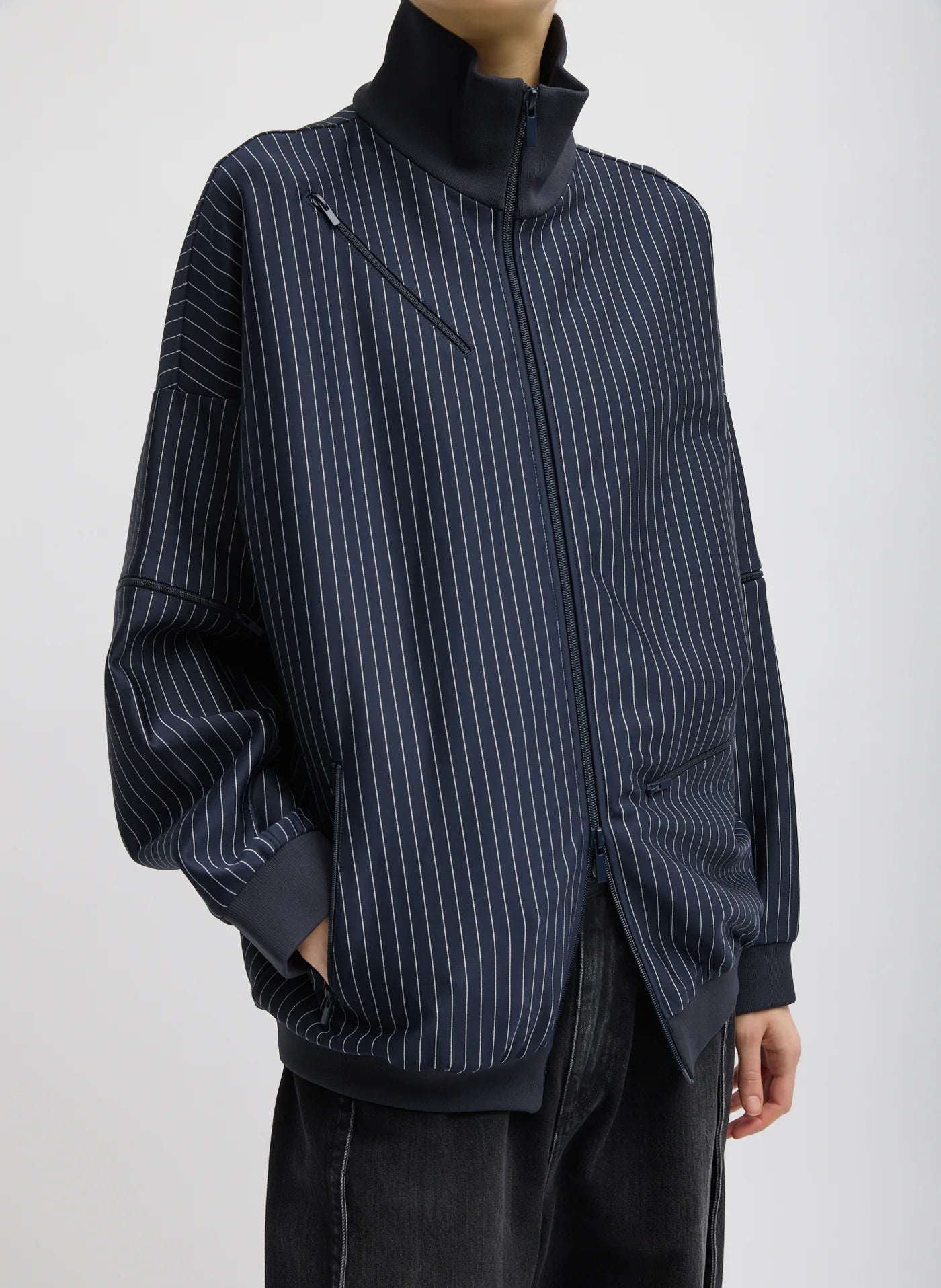Tibi Pinstripe Active Knit Zipper Detailed Track Jacket