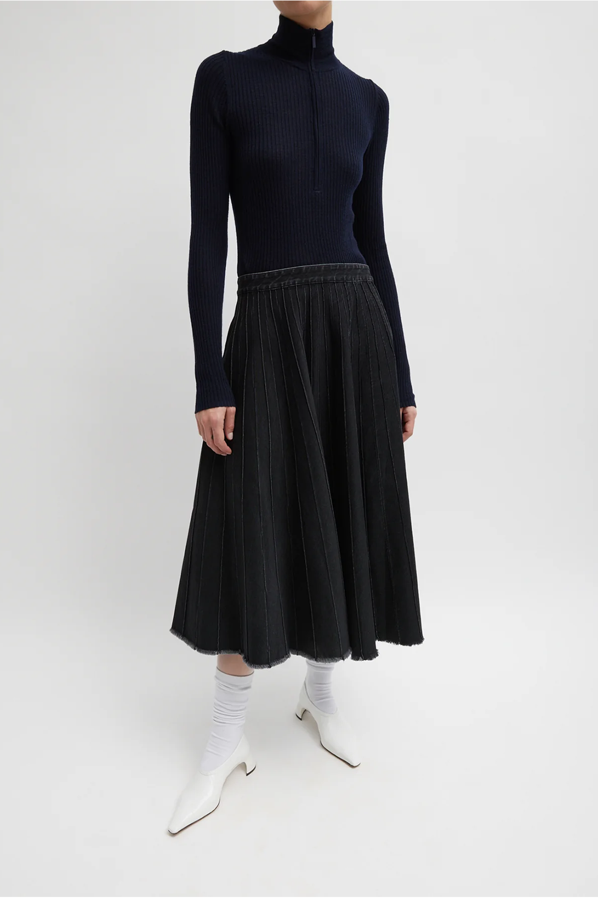 Tibi Feather Weight Ribbed Tneck Zip Up Sweater