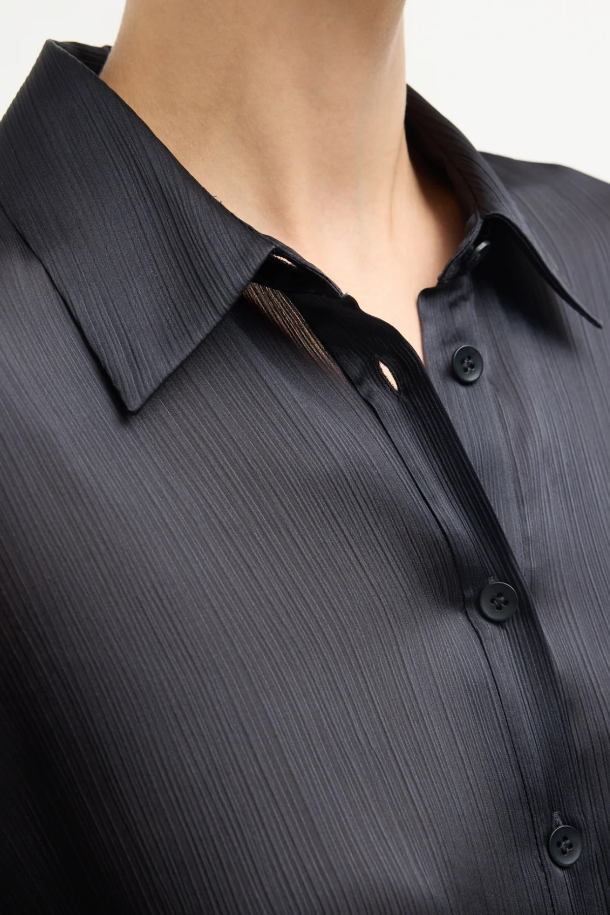 Tibi Matte Satin Plisse Slim Shirt - Navy