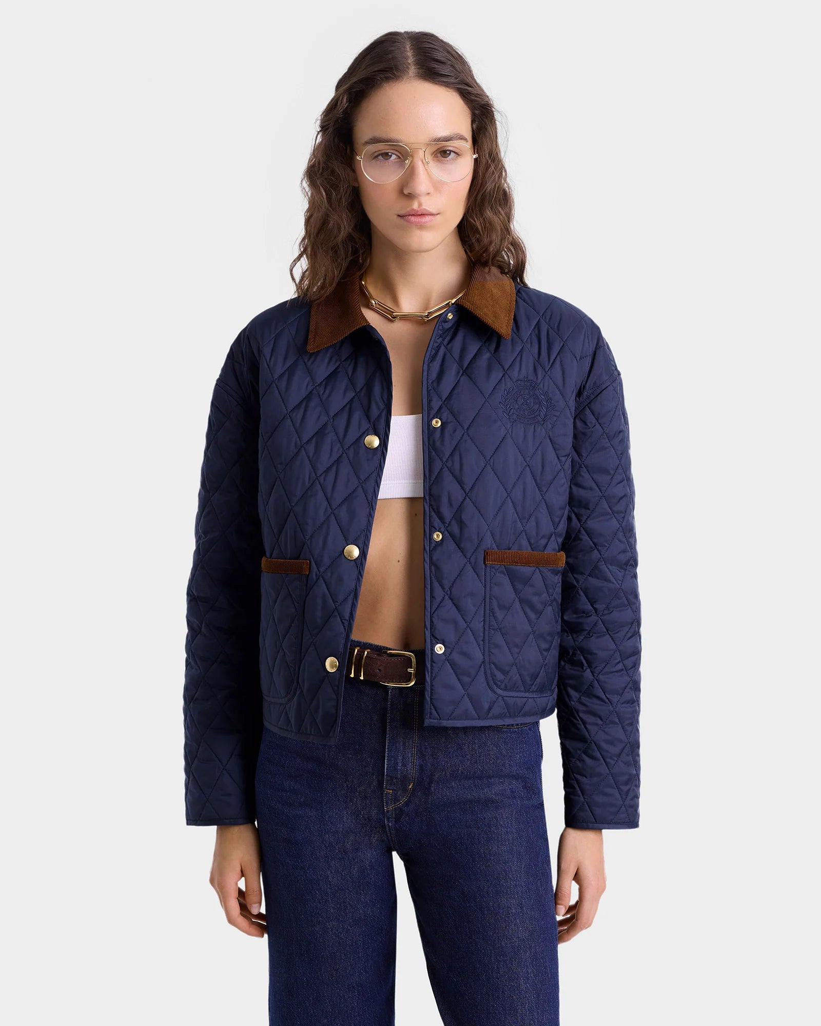 Sporty & Rich H&W Crest Nylon Cropped Quilted Jacket