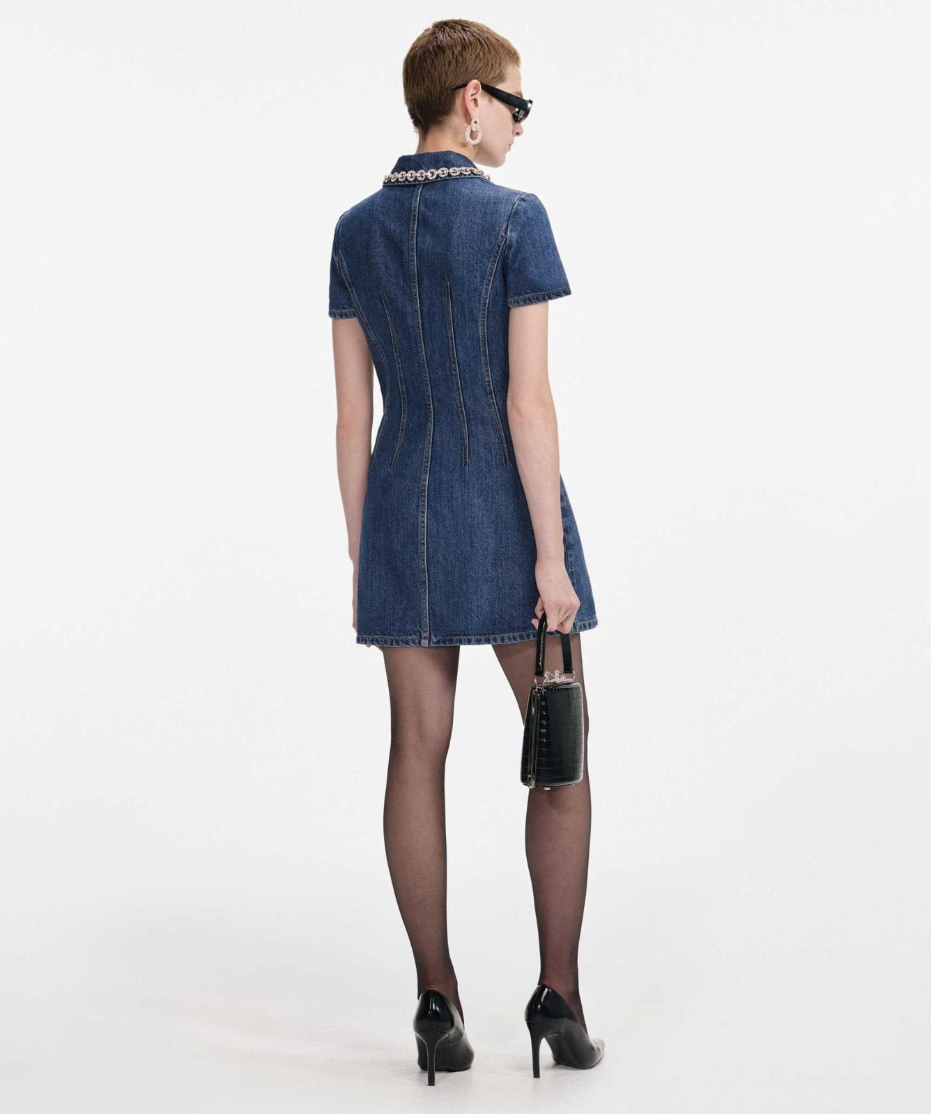 Self-Portrait Denim Crystal Trim Collared Mini Dress