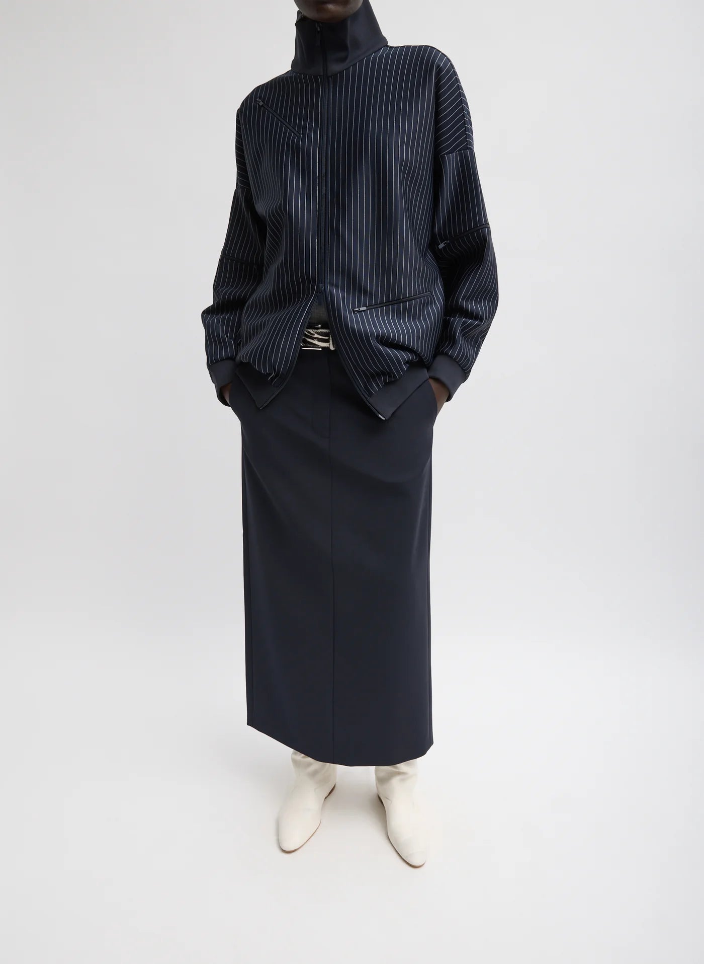 Tibi Pinstripe Active Knit Zipper Detailed Track Jacket