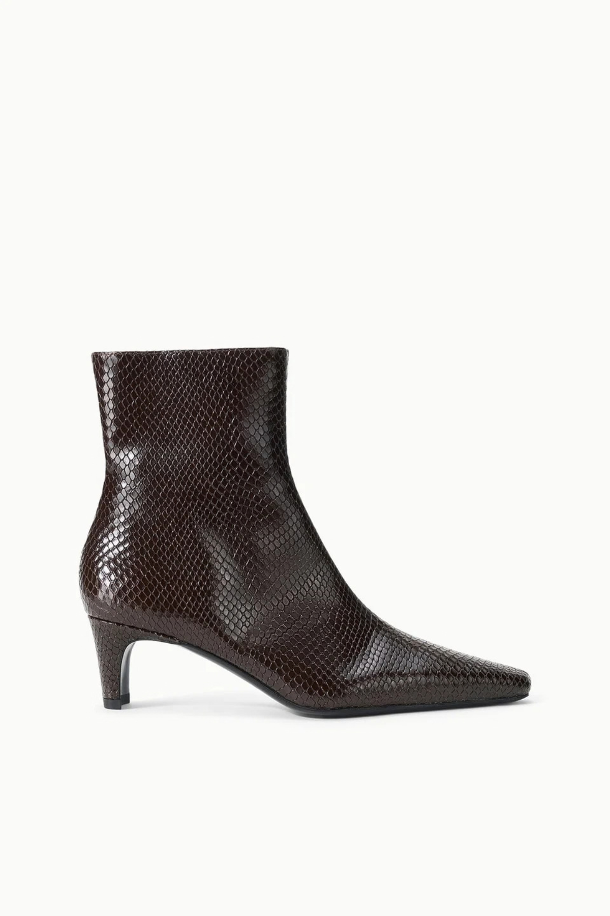 STAUD Wally Ankle Boot in Espresso Snake brown snake-effect pointed-toe boot