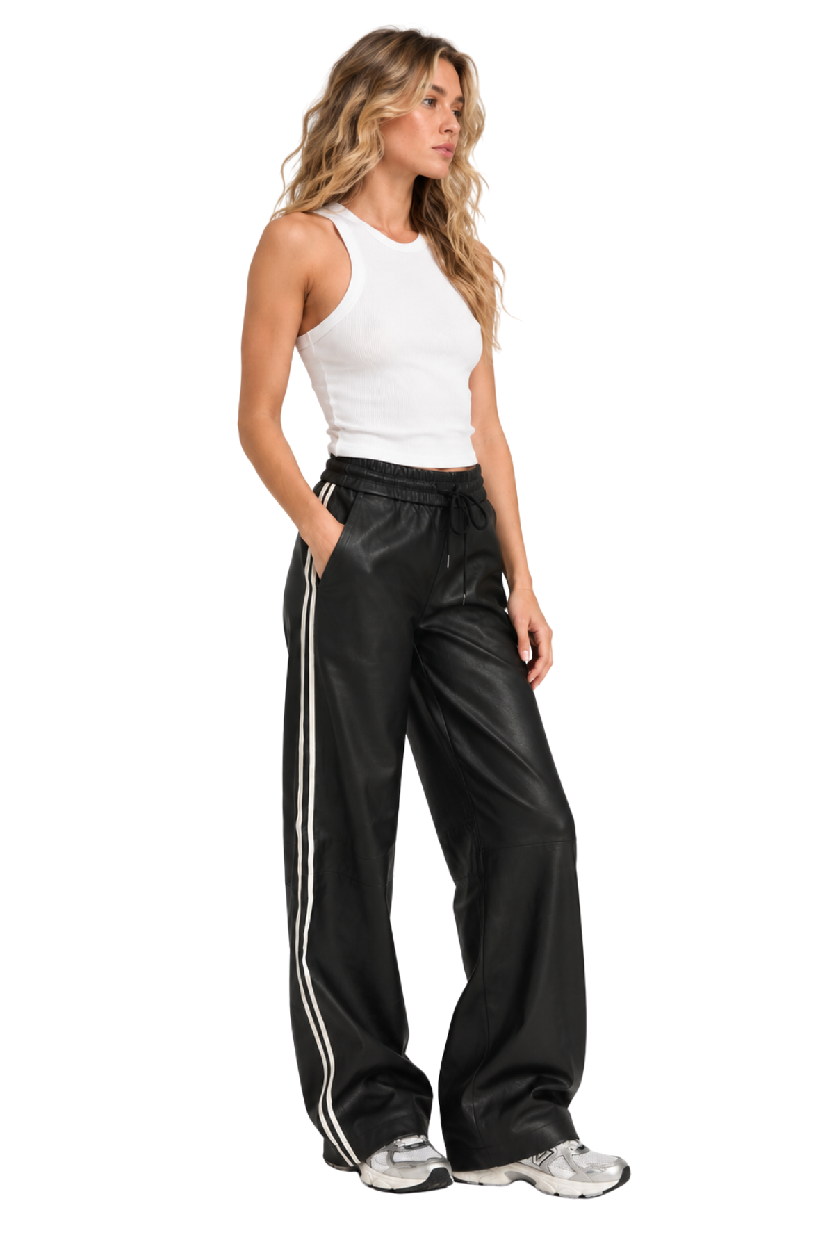 SPRWMN Baggy Athletic Stripe leather sweatpants in Black and White with contrast side stripes