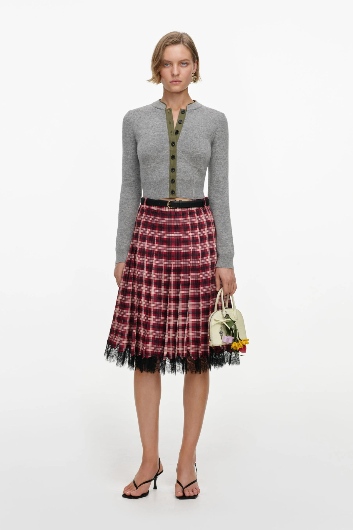 Self-Portrait Burgundy Check Chiffon Midi Skirt - Burgundy