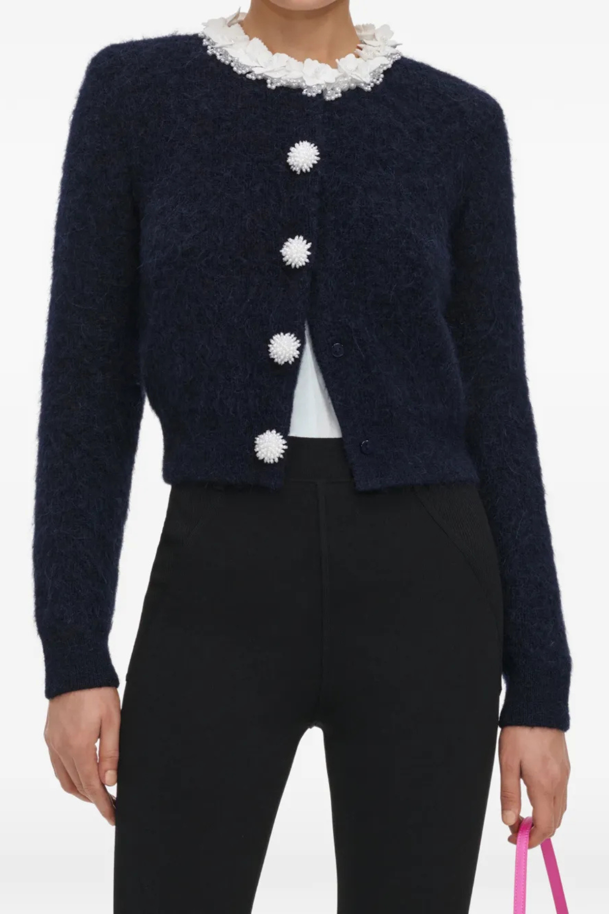 Self-Portrait Navy Flower Pearl Trim Jumper - Navy