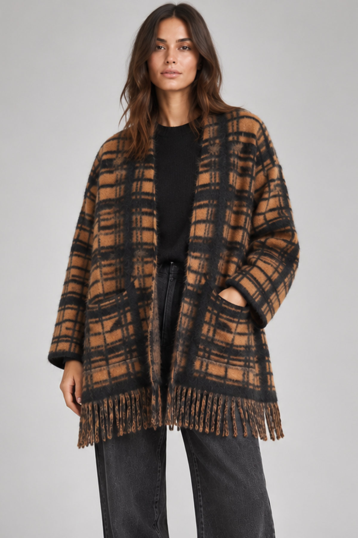 Frame The Cashmere Fringe Coat - Taupe Multi Plaid