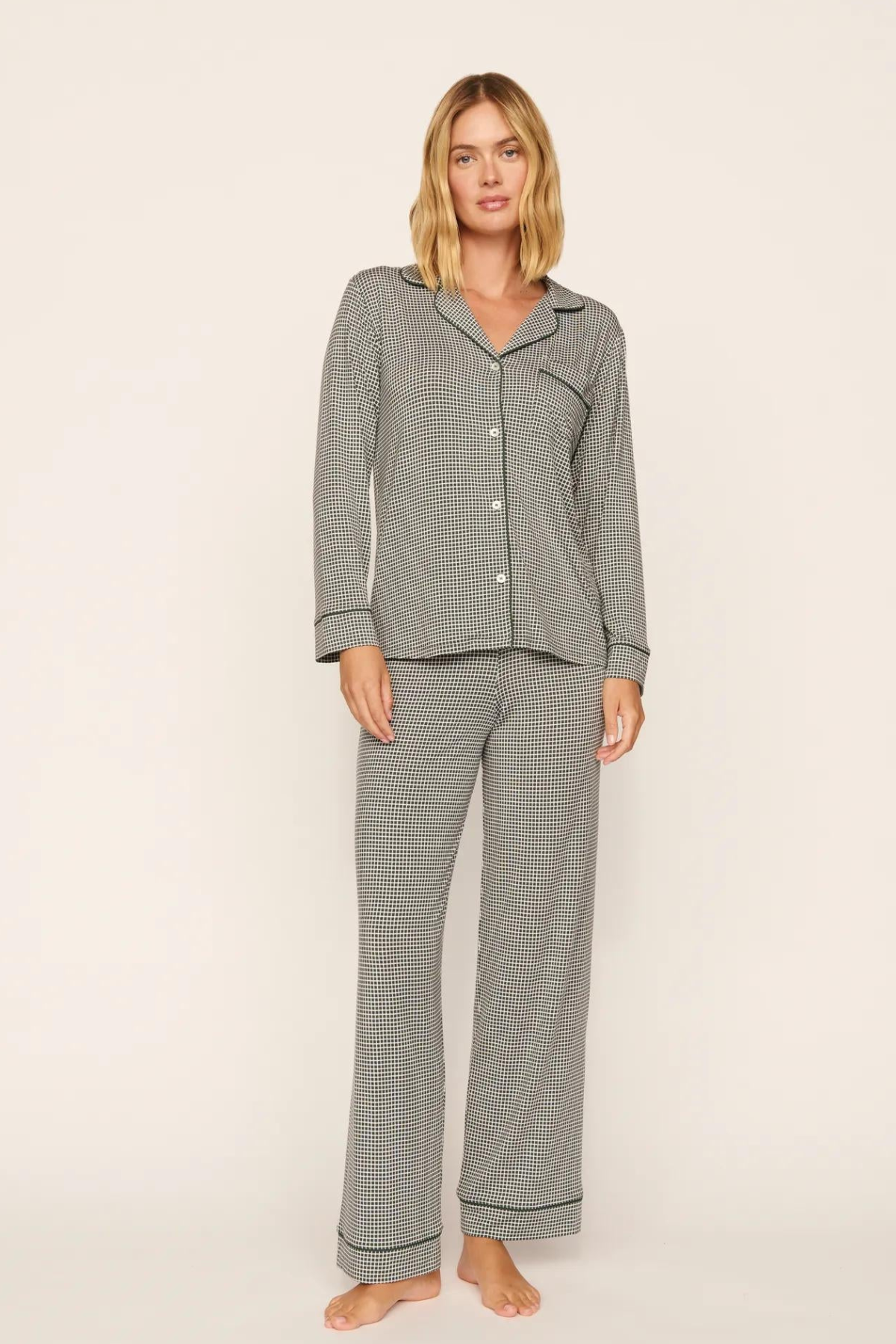 Eberjey Gisele Printed Long PJ Set in Cabin Check Ivory/Pine, featuring an ivory and pine-green check pattern, long-sleeve button-front top and matching full-length pants.