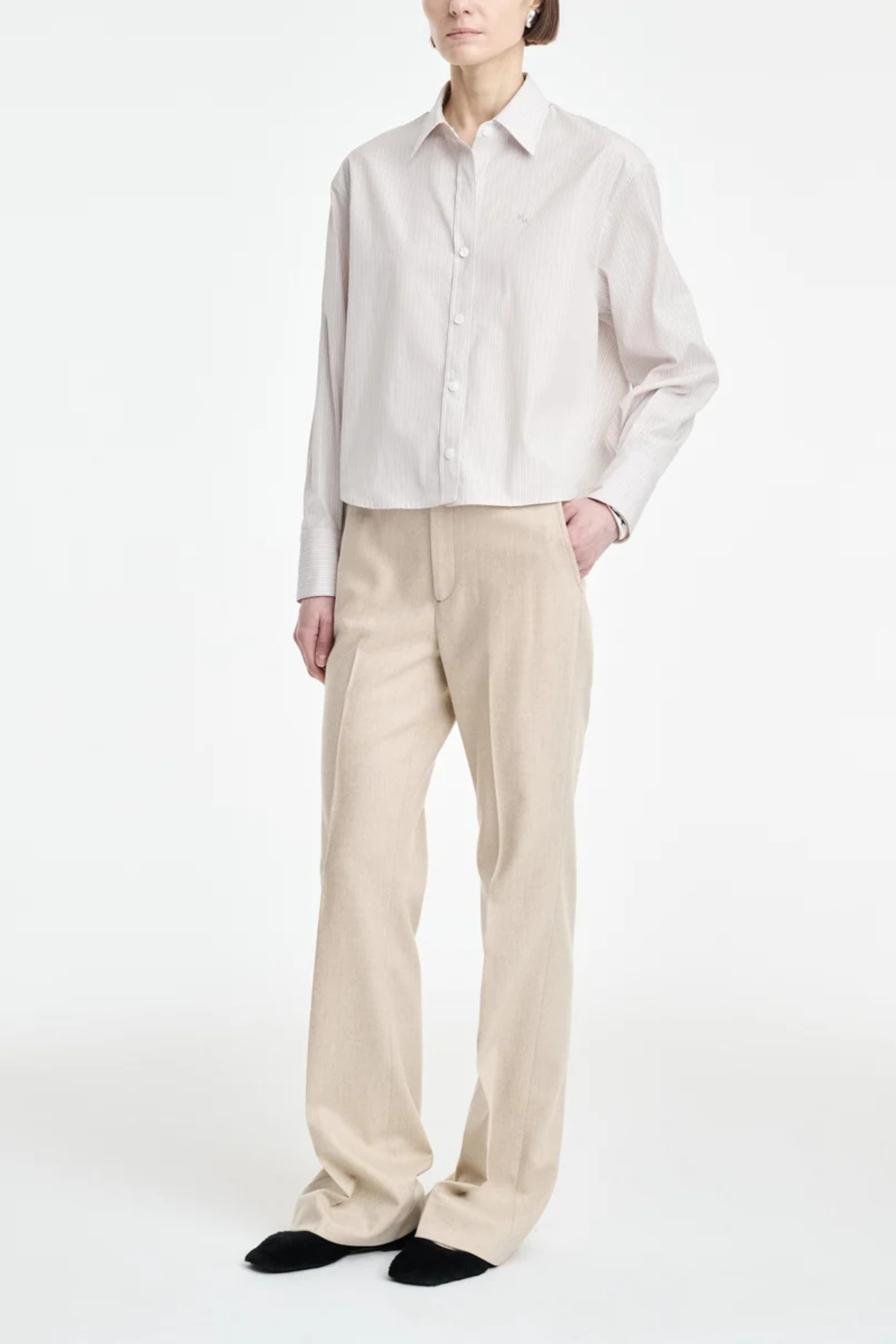 MARIA McMANUS Button Sleeve Crop Shirt - Smoke Stripe