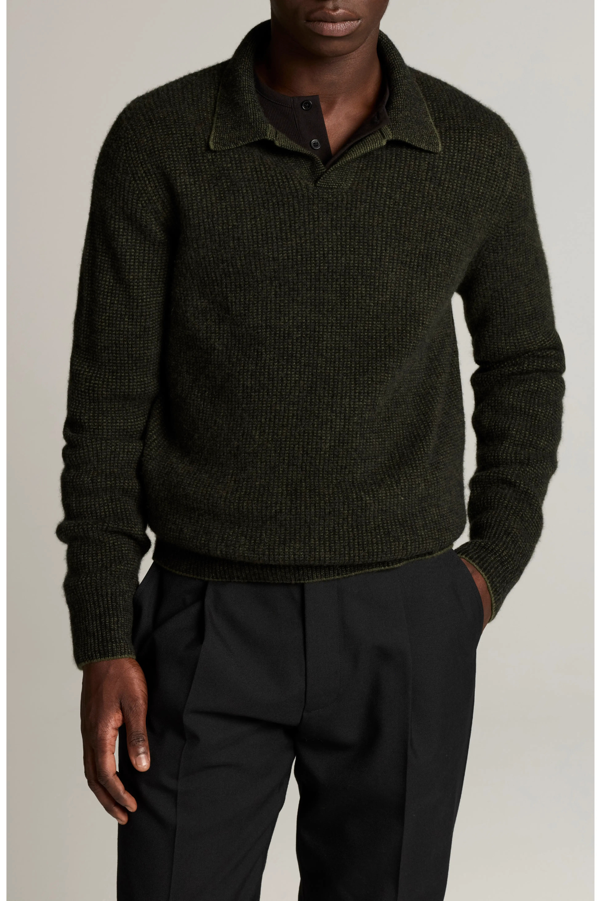 Vince Men's Boiled Thermal Johnny Collar Polo - Night Leaf/ Black