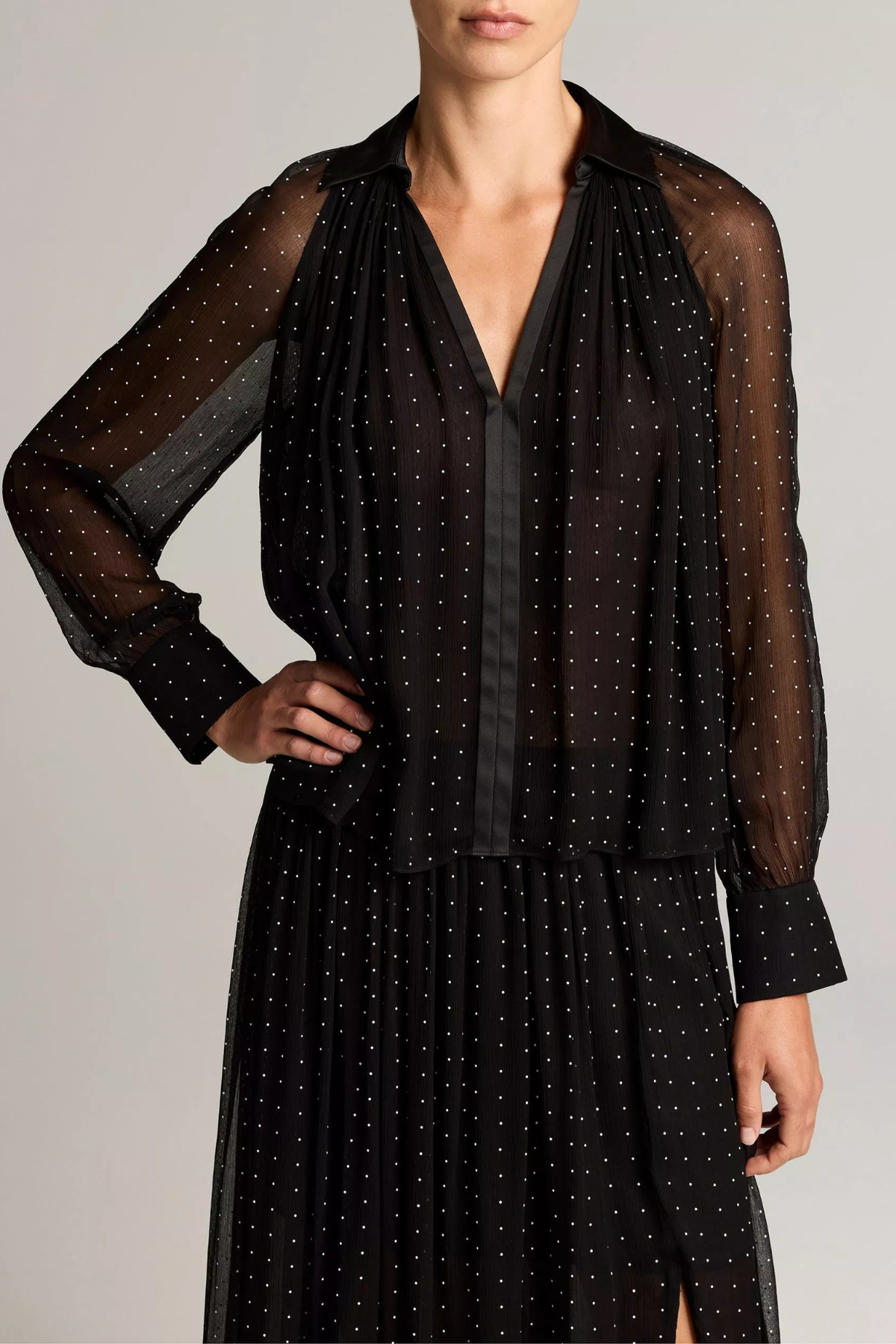 Vince Heat Set Dot Sheer Gathered Blouse - Black