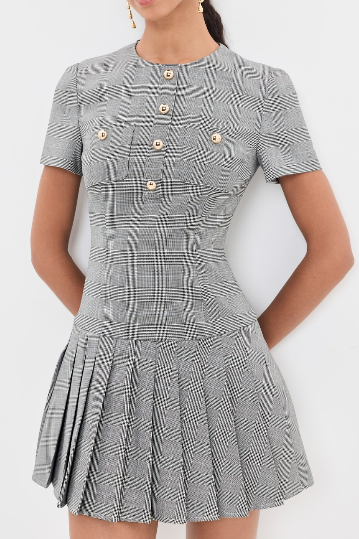 Self-Portrait Grey Wool Check Pleated Mini Dress - Grey