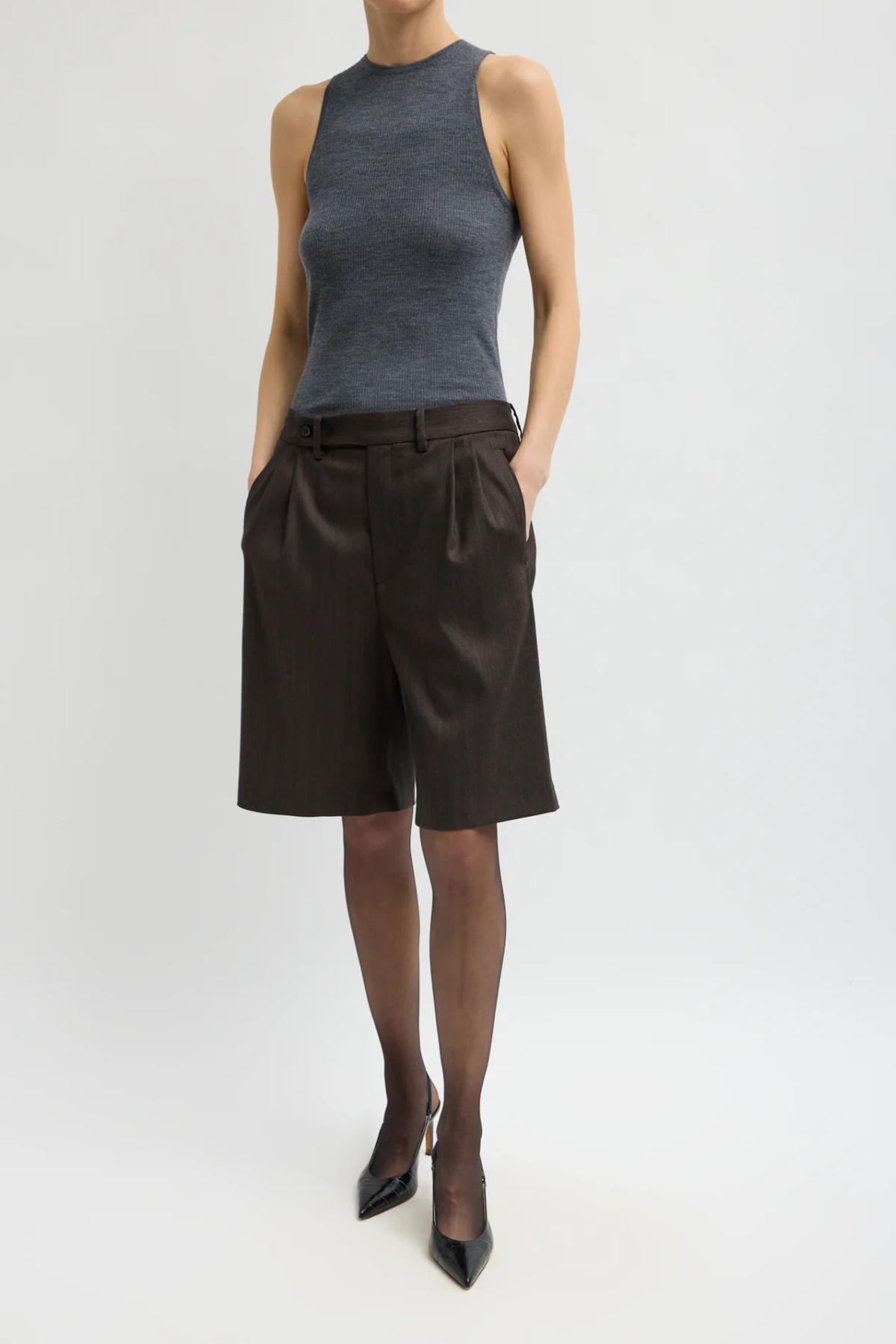 Tibi Herringbone Suiting Short - Brown Multi