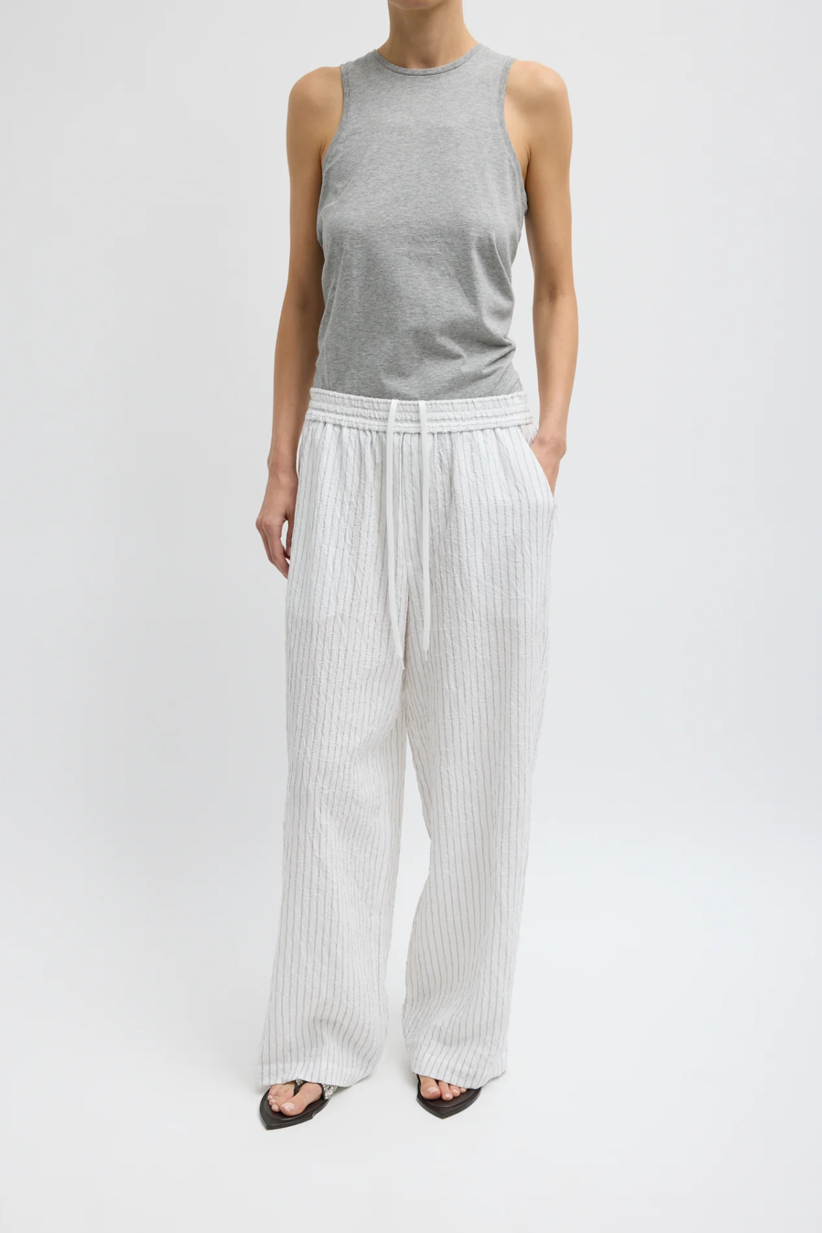 Tibi Crinkle Stripe Summer Suiting Wide Leg Pull On Pant - Ivory Multi