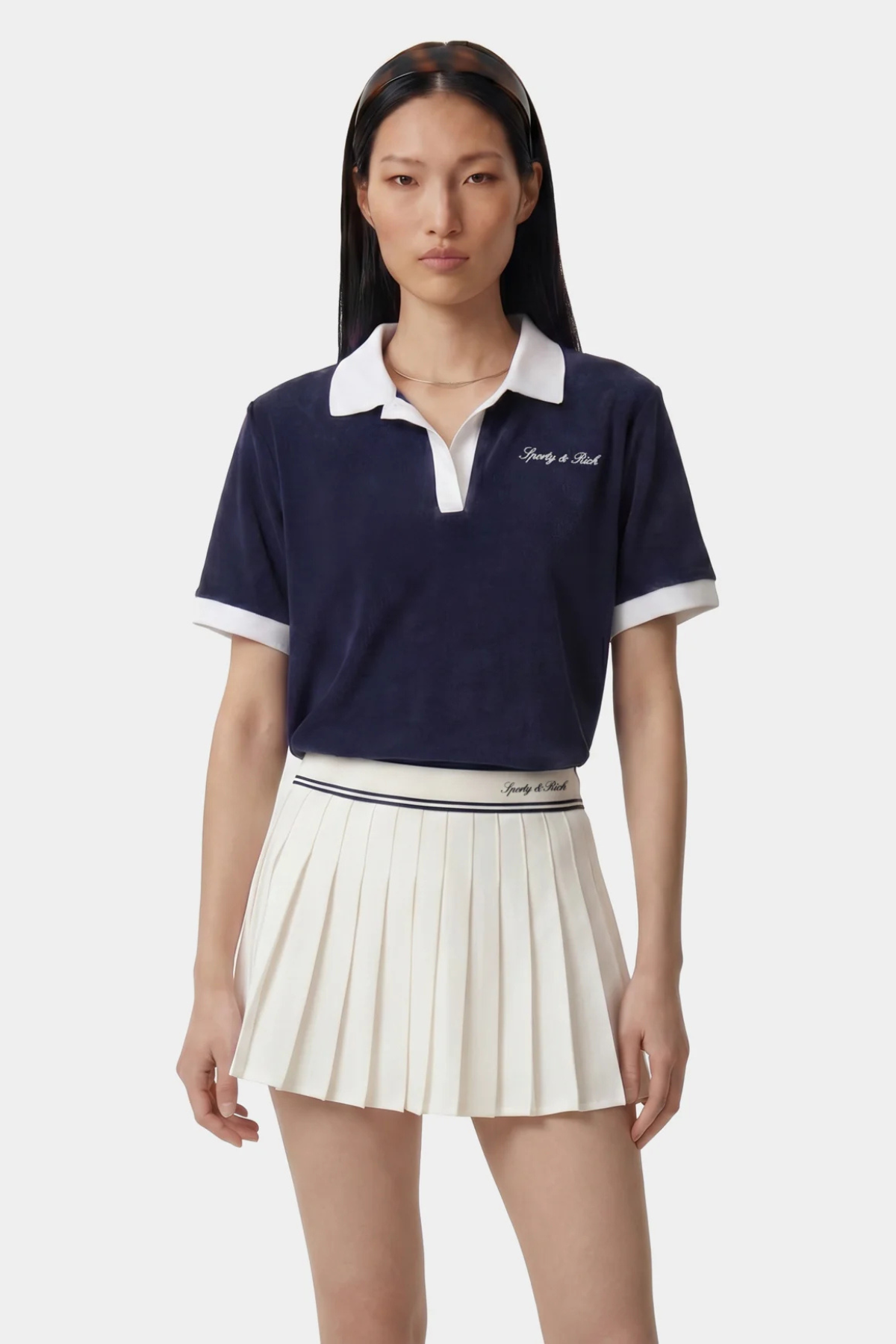 Sporty & Rich Signature Logo Terry Polo - Dark Navy/White