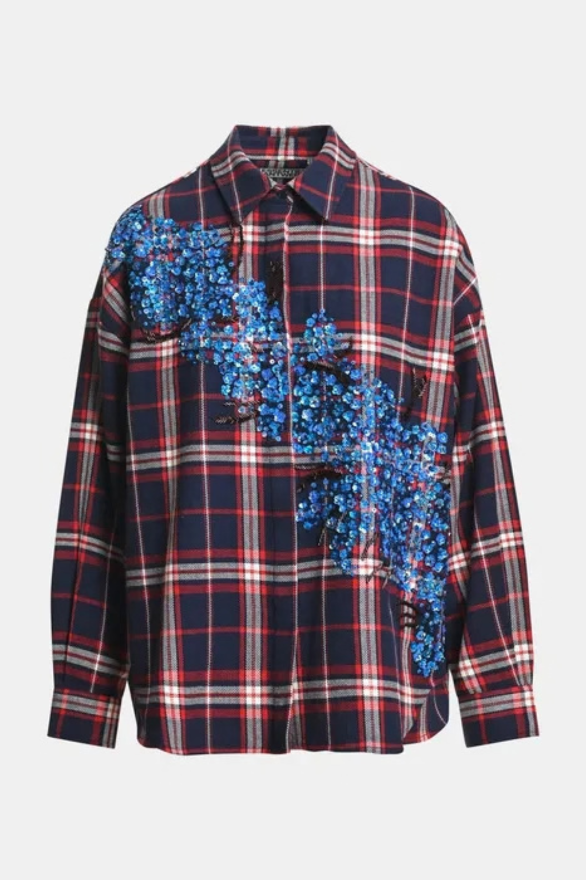 Essentiel Antwerp Checked Sequin Embellished Oversized Shirt - Blue/Navy/Red