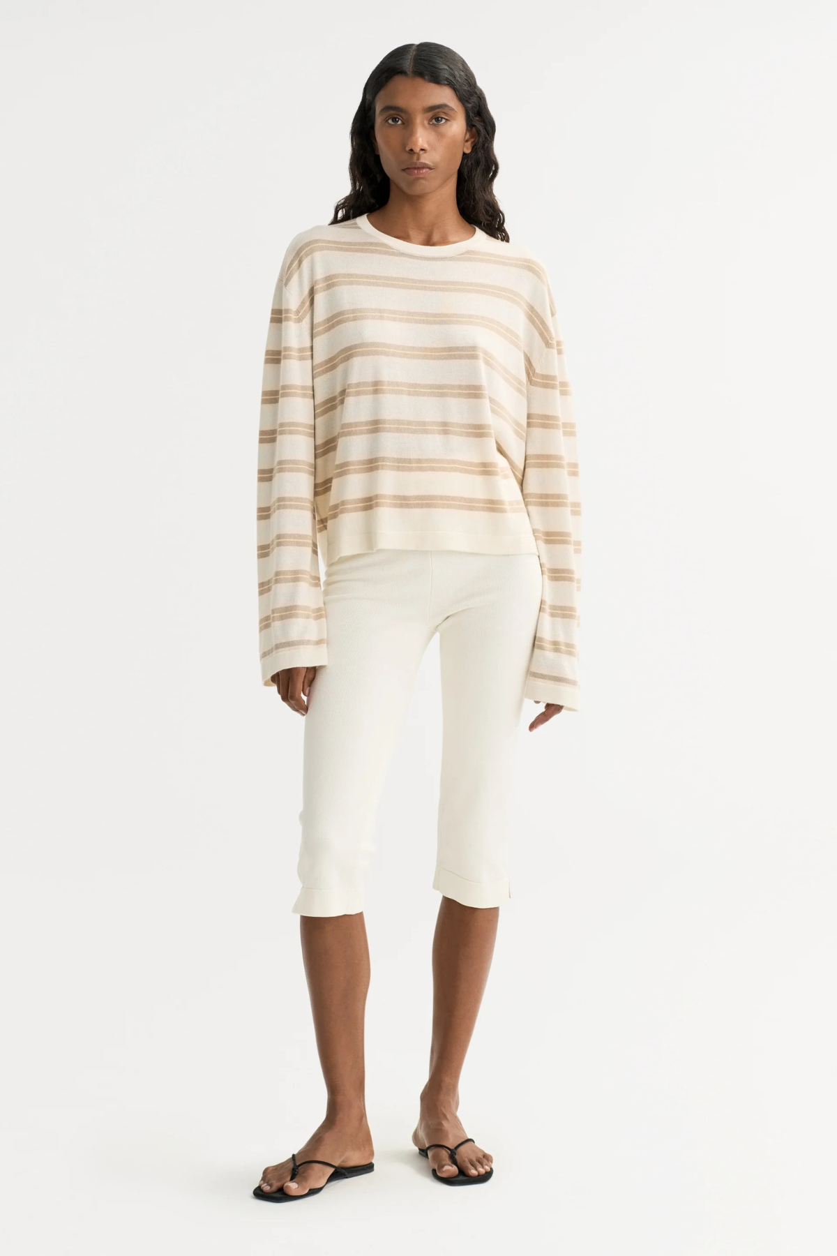 Soft Goat Fine Knit Striped Crewneck - Camel