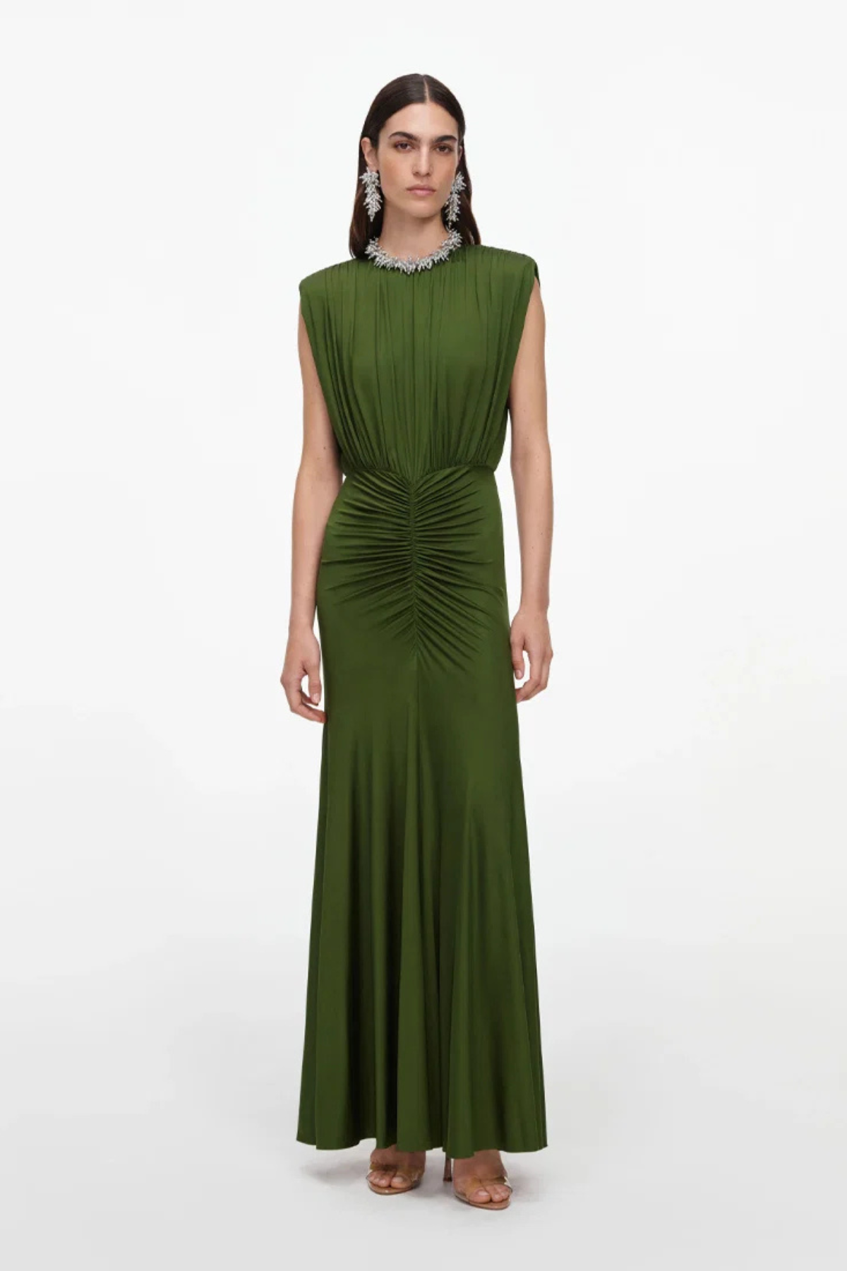 Self-Portrait Olive Jersey Gathered Maxi Dress - Green