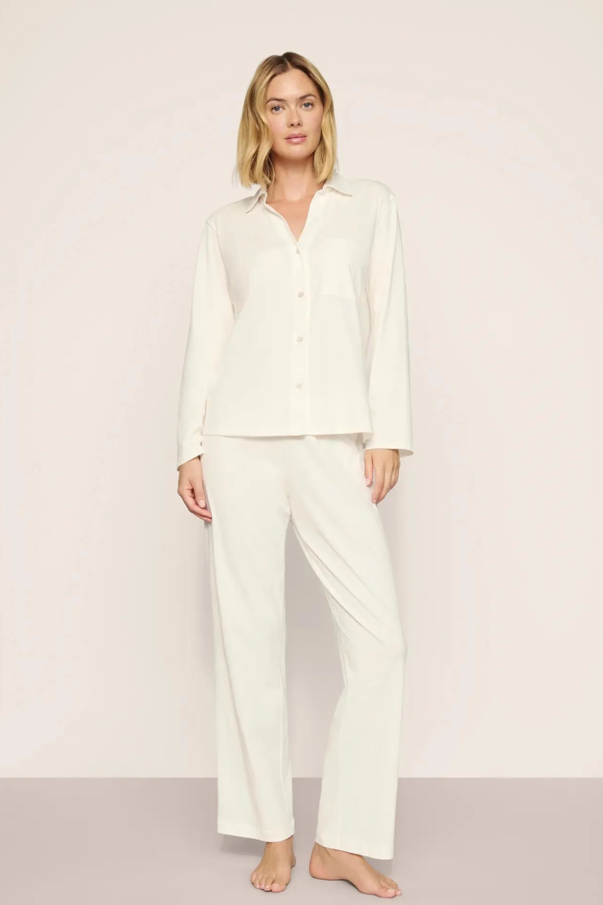 Eberjey Pima Cotton Long PJ Set in ivory, featuring a long-sleeve button-front top with chest pocket and matching full-length pants.