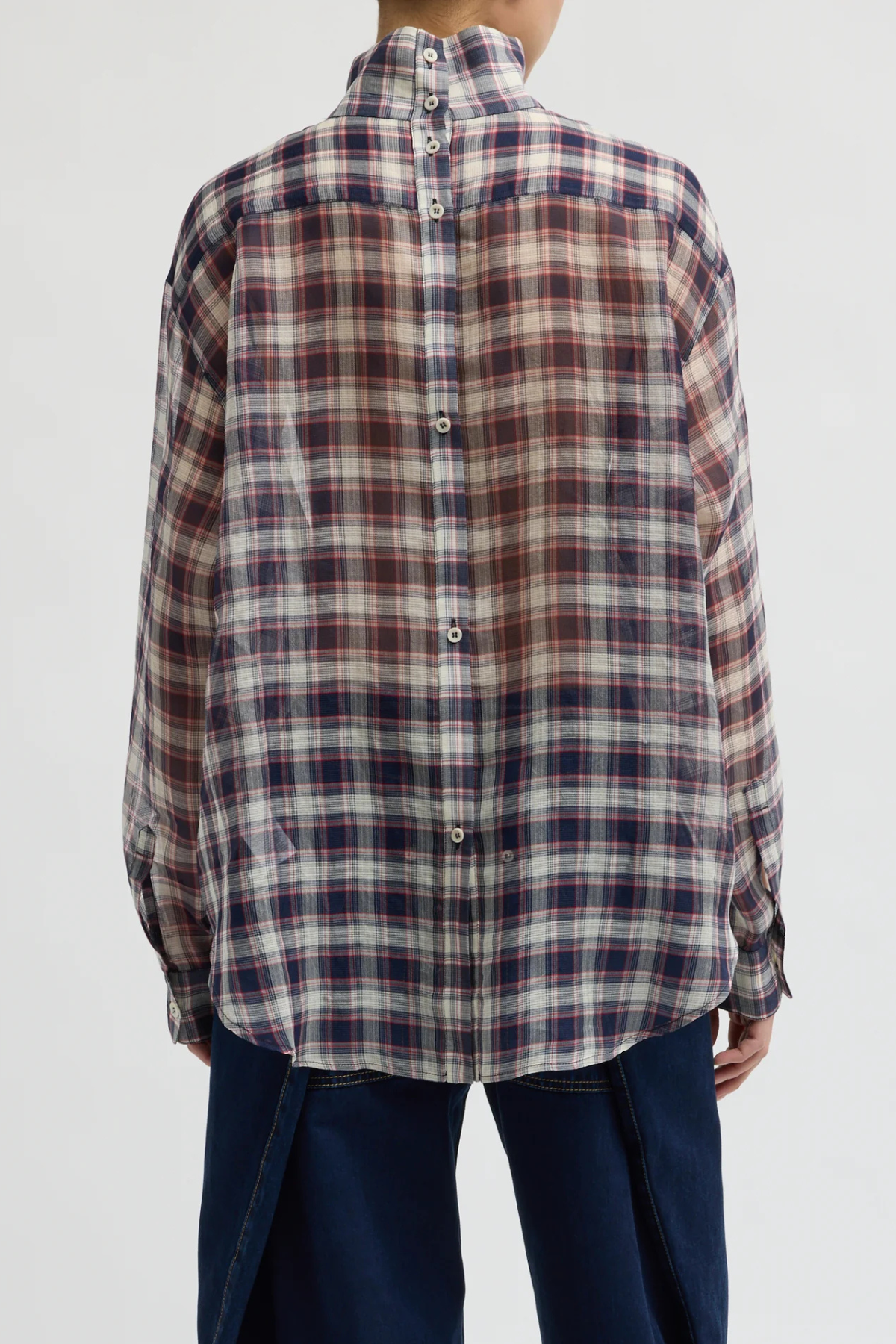 Tibi Silk Cotton Plaid Funnel Neck Shirt - Black/ Red Multi