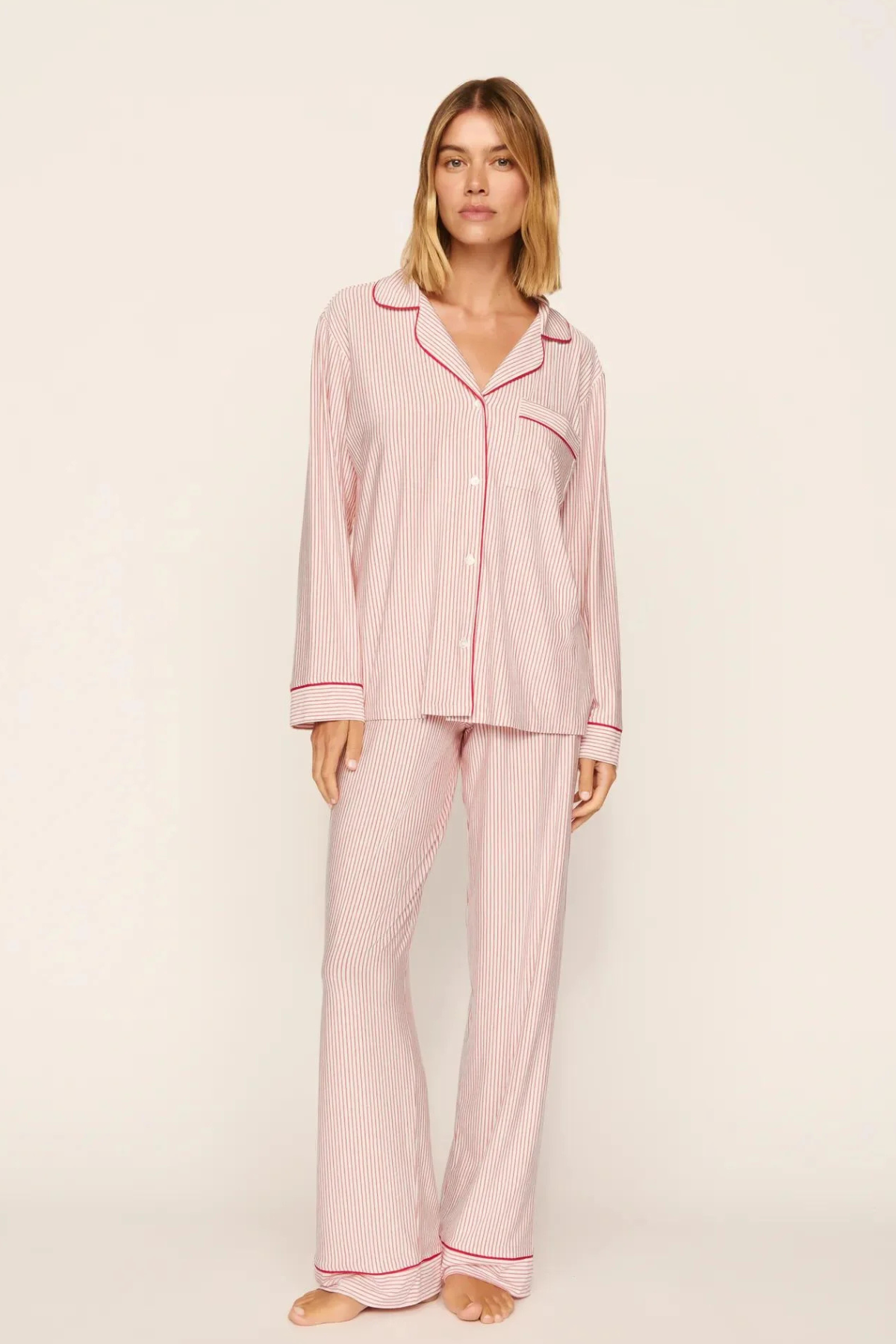 Eberjey Gisele Printed Long PJ Set in Duo Stripe/Holly Red, featuring a red striped long-sleeve button-front top and matching full-length pajama pants.