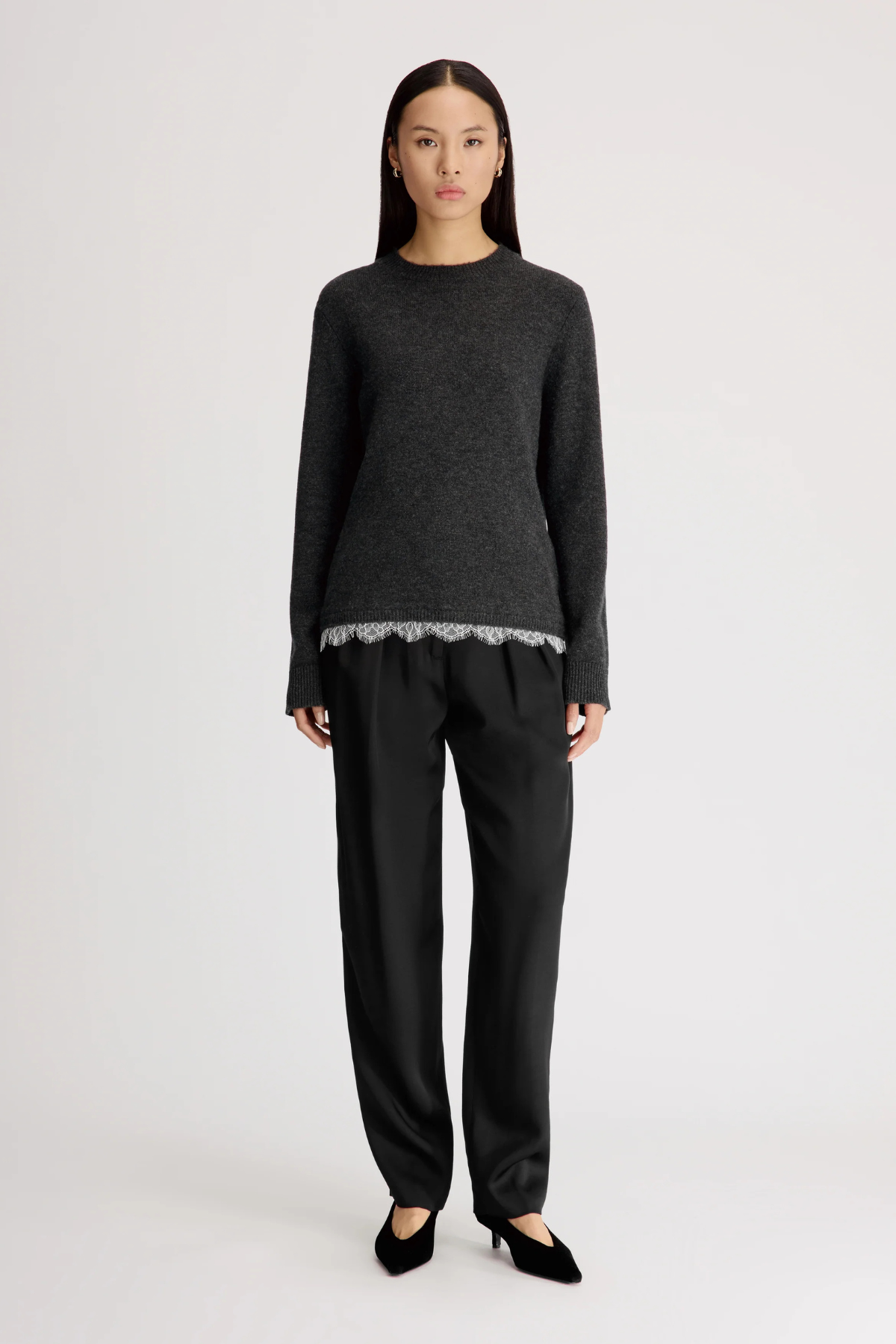 Loulou de Saison Arvo Sweater With Lace - Charcoal/ Ivory