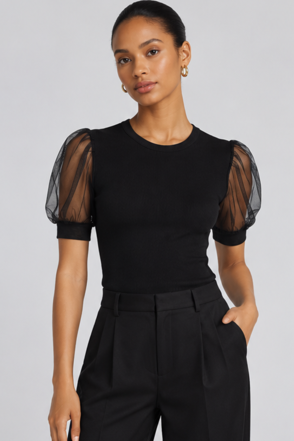 Frame The Tulle Sleeve Top - Black