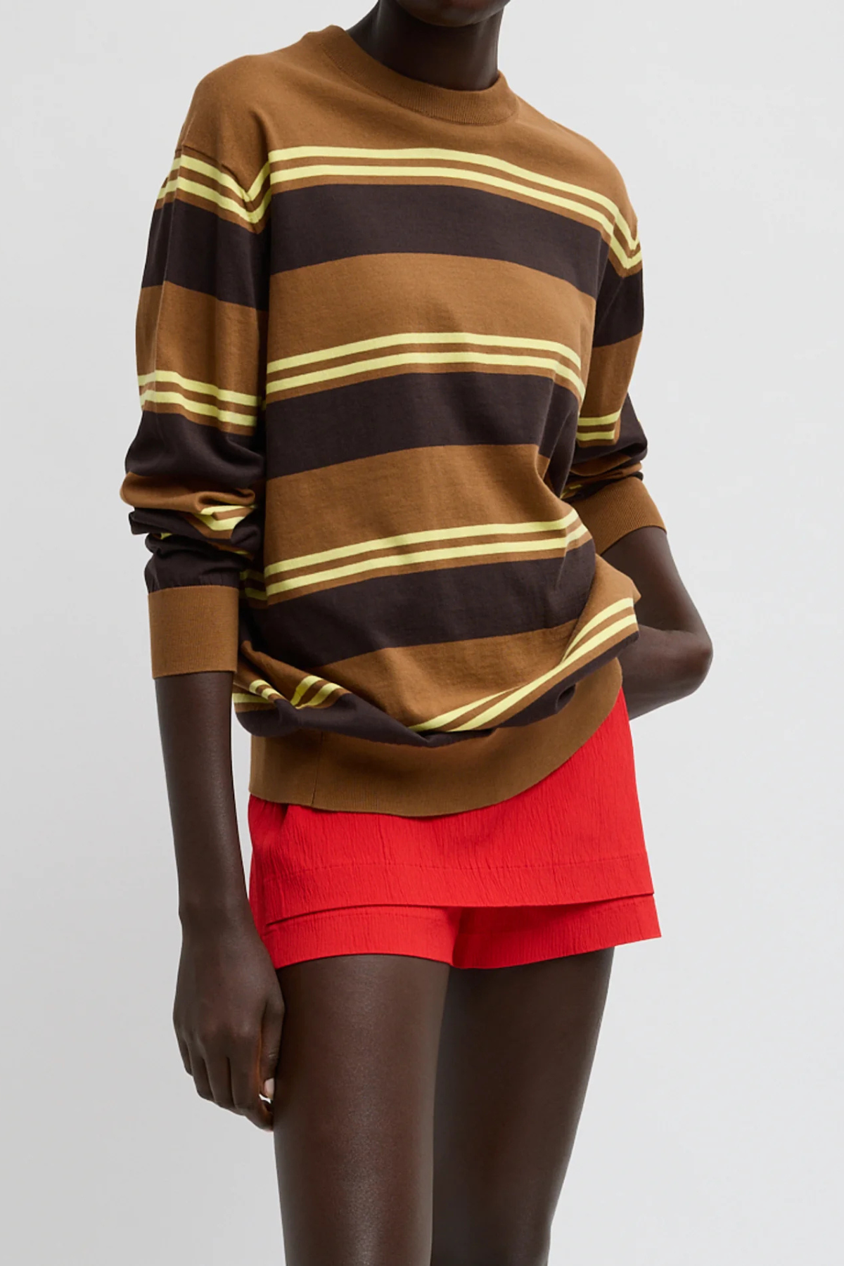 Tibi Super Fine Gauge Striped Perfect Crewneck Pullover - Brown Multi