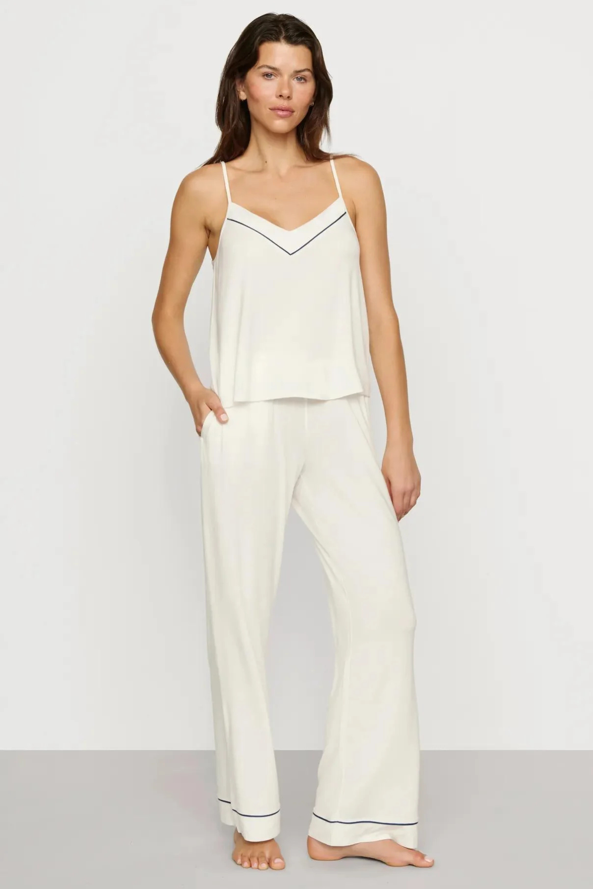 Eberjey Gisele V Neck Cami & Pant PJ Set - Ivory/ Navy