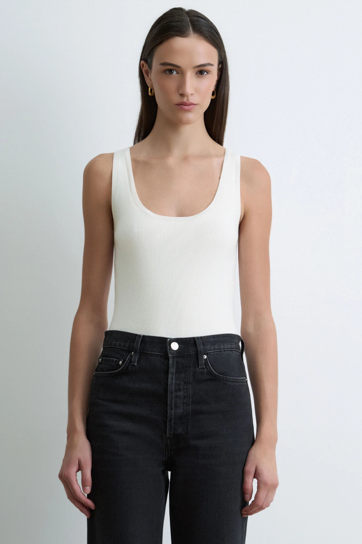 Judith & Charles Paris Tank in cream, featuring a scoop neckline, fitted silhouette and fine 2x2 rib knit in extra-fine merino wool.
