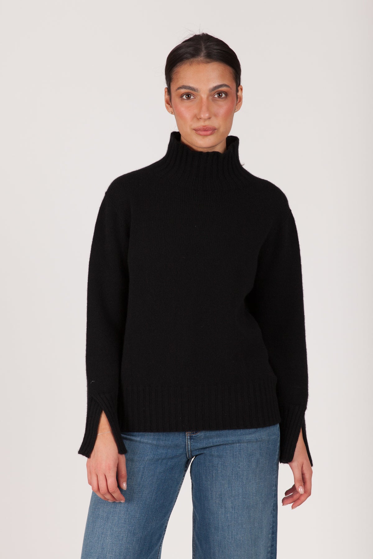 Oh My Goat Cashmere Long Sleeve Mock Neck With Side Slits
