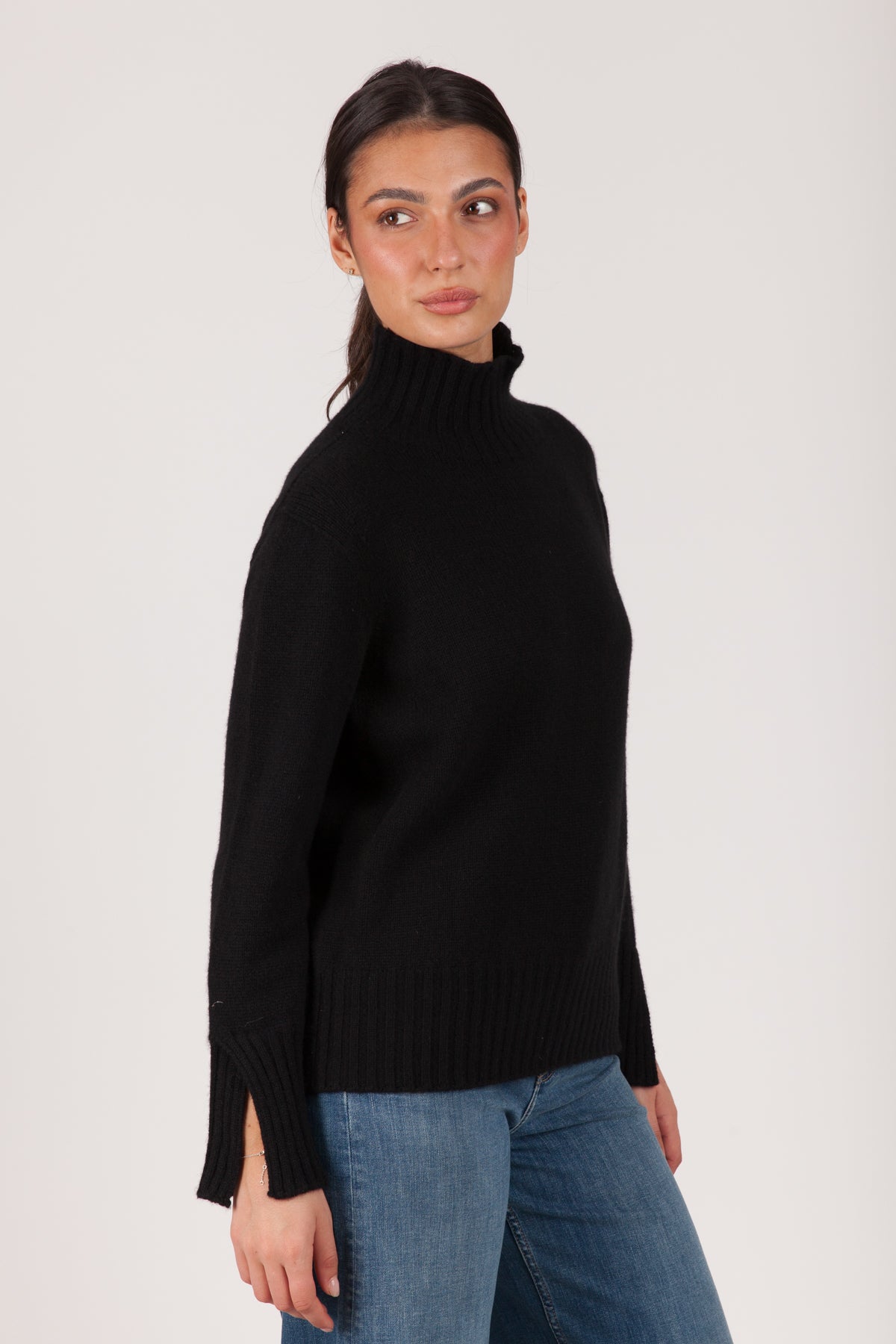 Oh My Goat Cashmere Long Sleeve Mock Neck With Side Slits