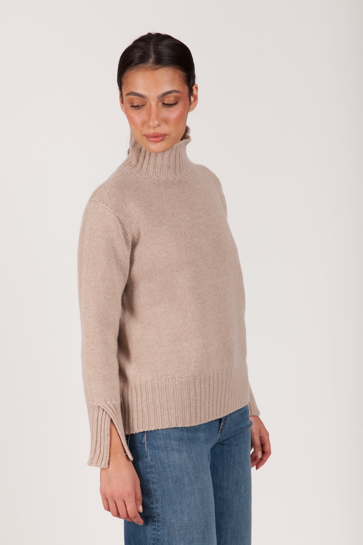Oh My Goat Cashmere Long Sleeve Mock Neck With Side Slits