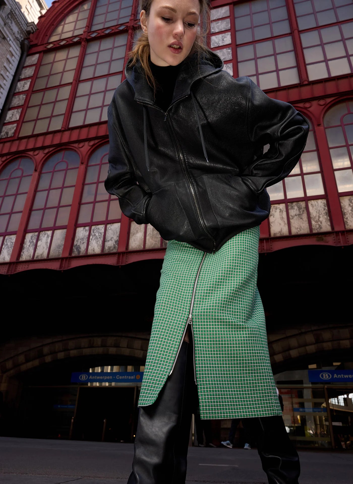 Tibi Pebbled Leather Zip Up Hoodie Jacket