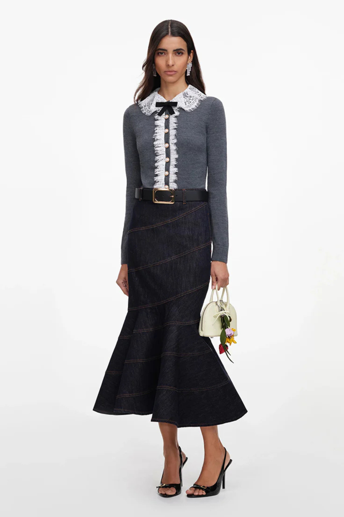Self-Portrait Grey Lace Flower Knit Cardigan - Grey
