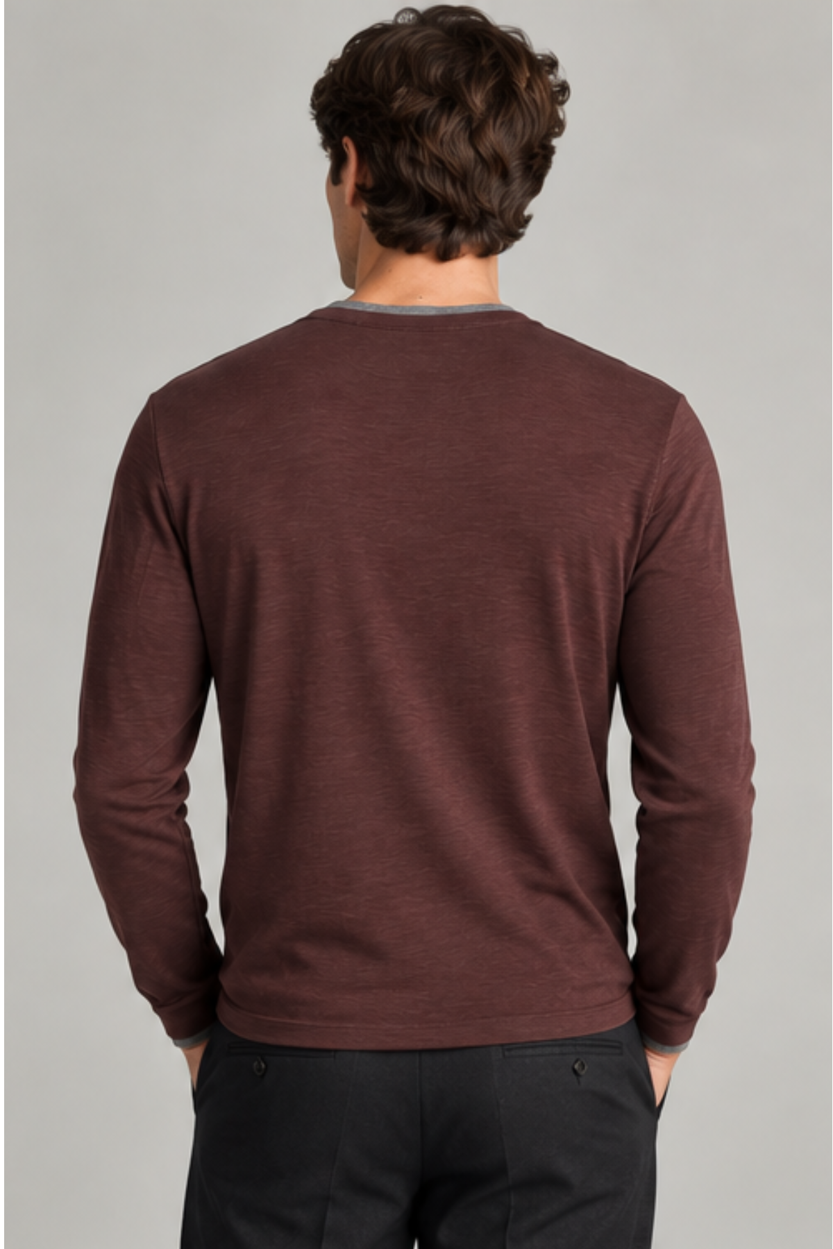 Vince Men's Fine Slub Double Layer L/S Crewneck - Chocolate Plum/ Medium Heather Grey