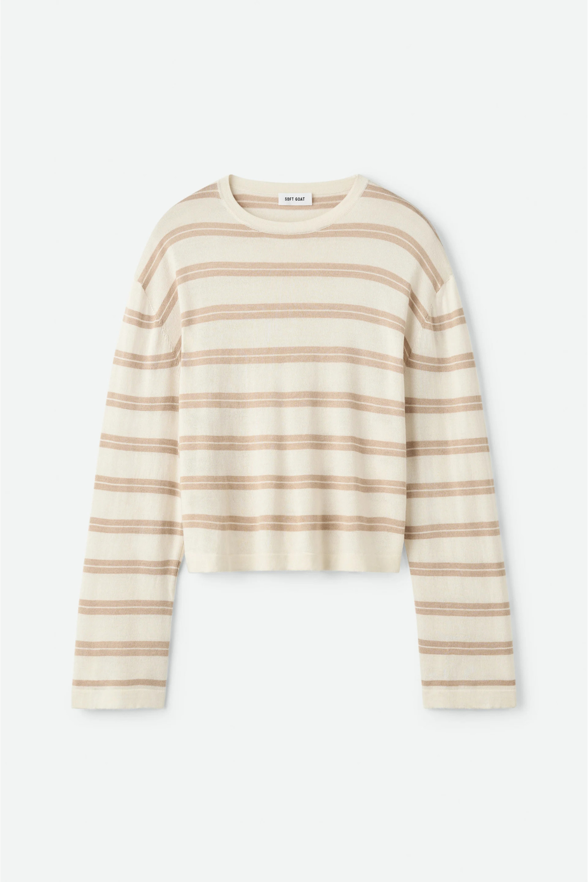 Soft Goat Fine Knit Striped Crewneck - Camel