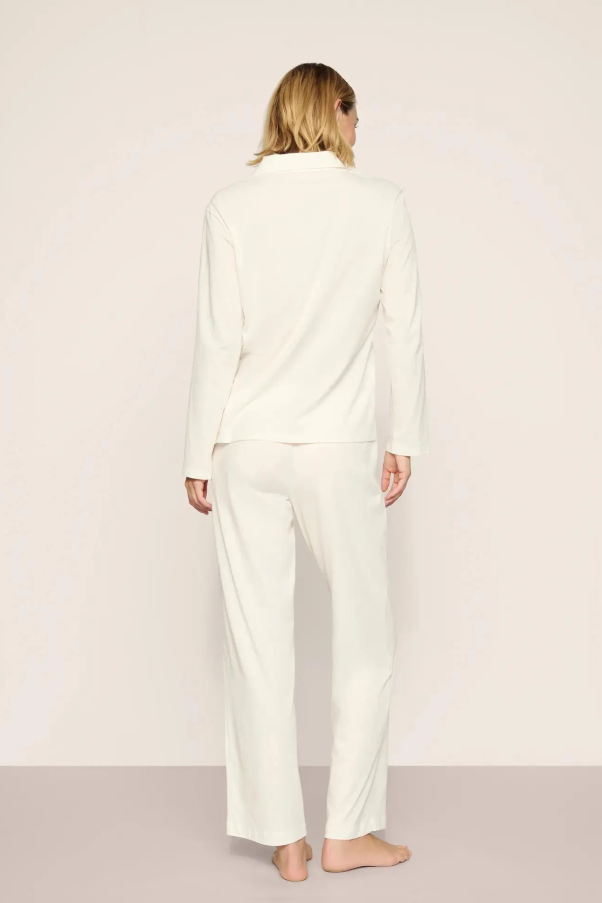 Eberjey Pima Cotton Long PJ Set in ivory, featuring a long-sleeve button-front top with chest pocket and matching full-length pants.