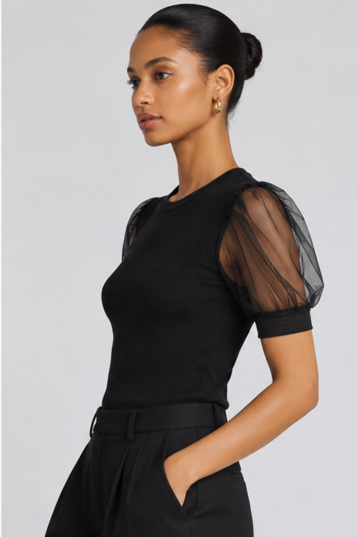 Frame The Tulle Sleeve Top - Black