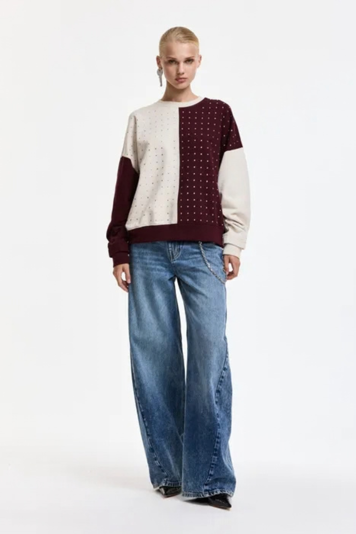 Essentiel Antwerp Koldi Bicolor Embellished Sweatshirt - Burgundy/Off White