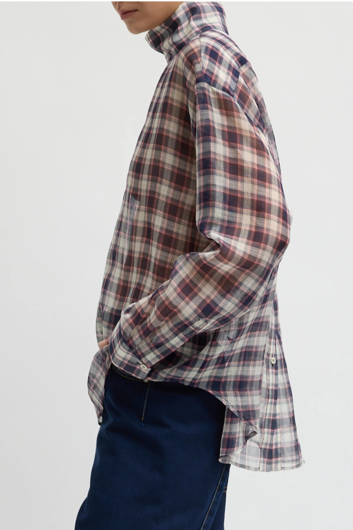 Tibi Silk Cotton Plaid Funnel Neck Shirt - Black/ Red Multi